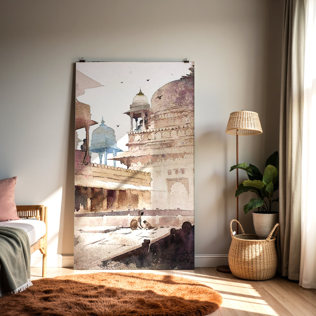 Indian Heritage Architecture Wall Art | Watercolor Temple Painting