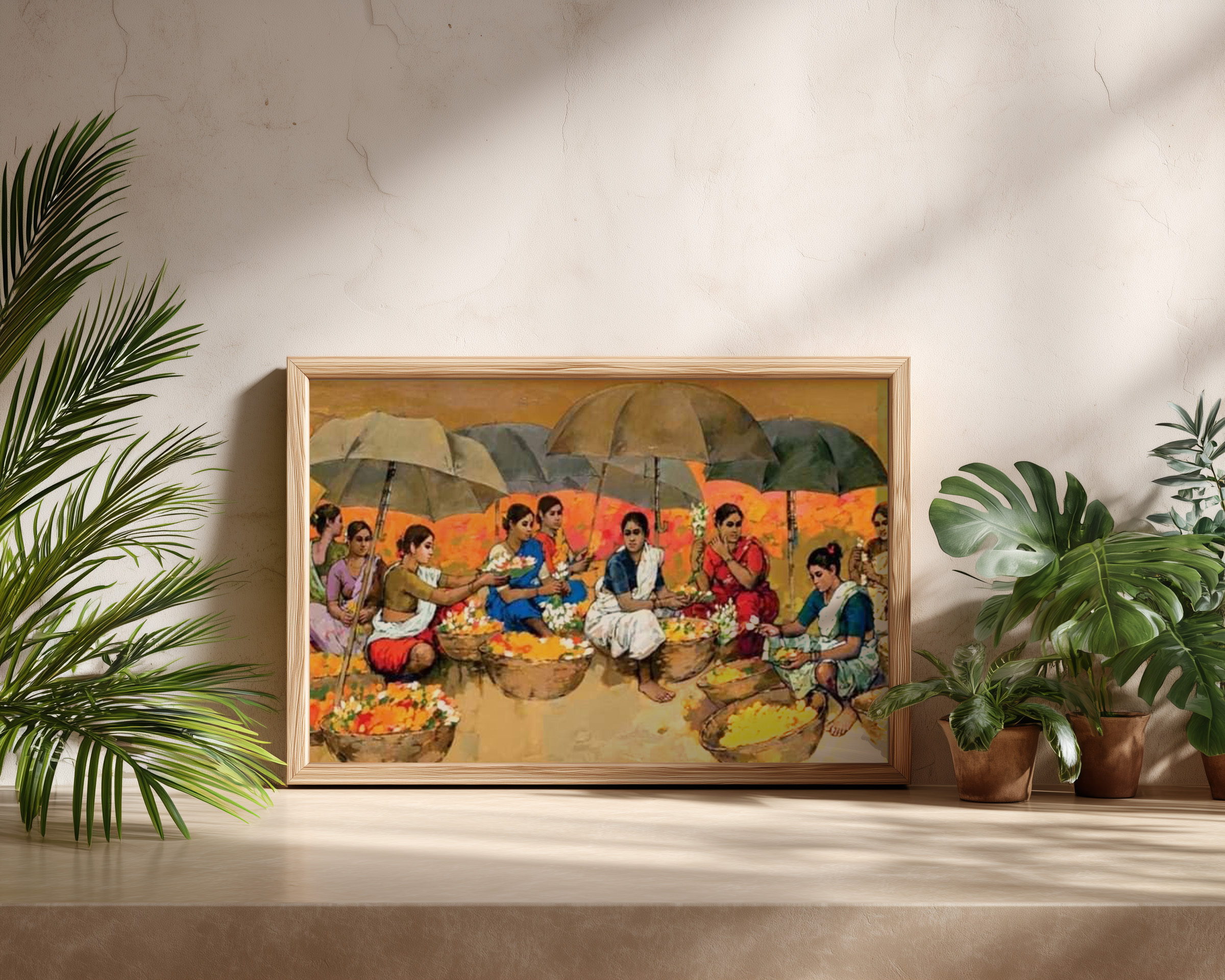 Indian Village Life Wall Art | Traditional Flower Market Painting