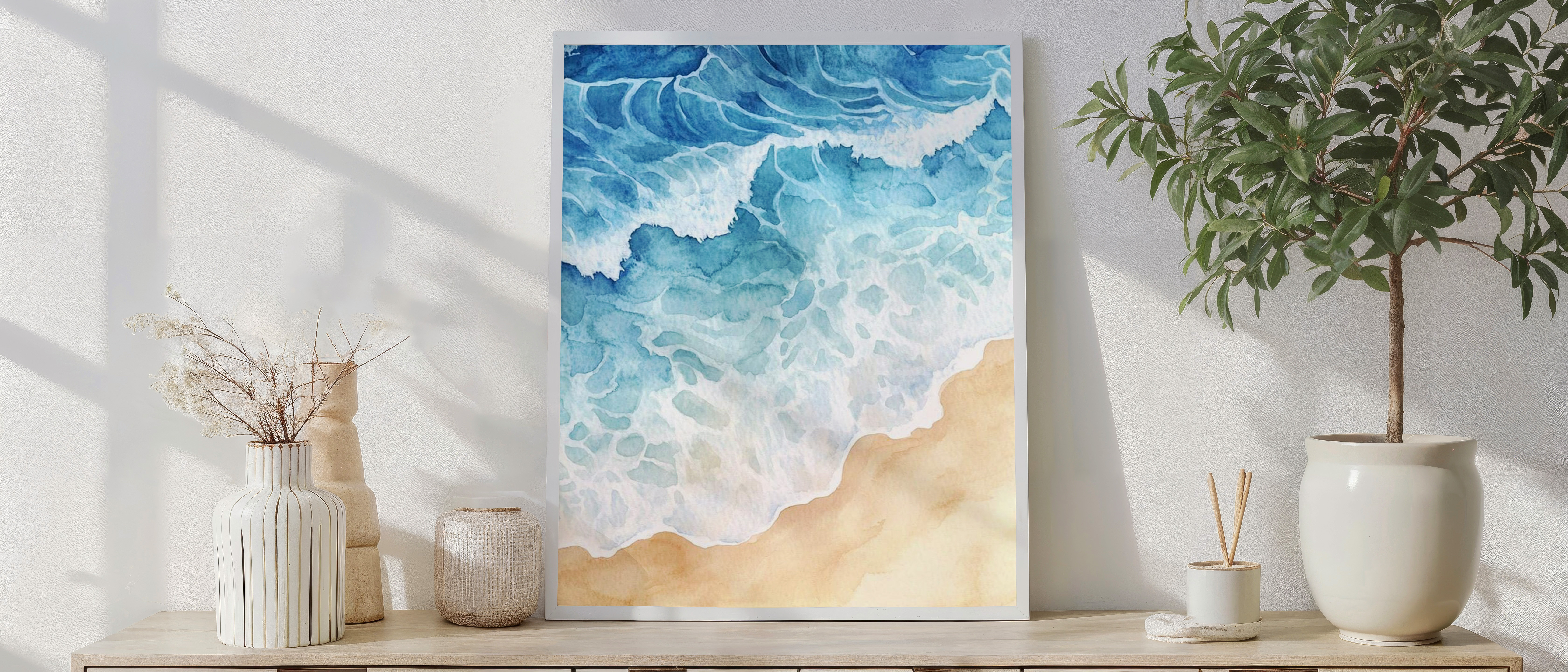 Coastal Serenity – Watercolor Waves & Sandy Shore Wall Art