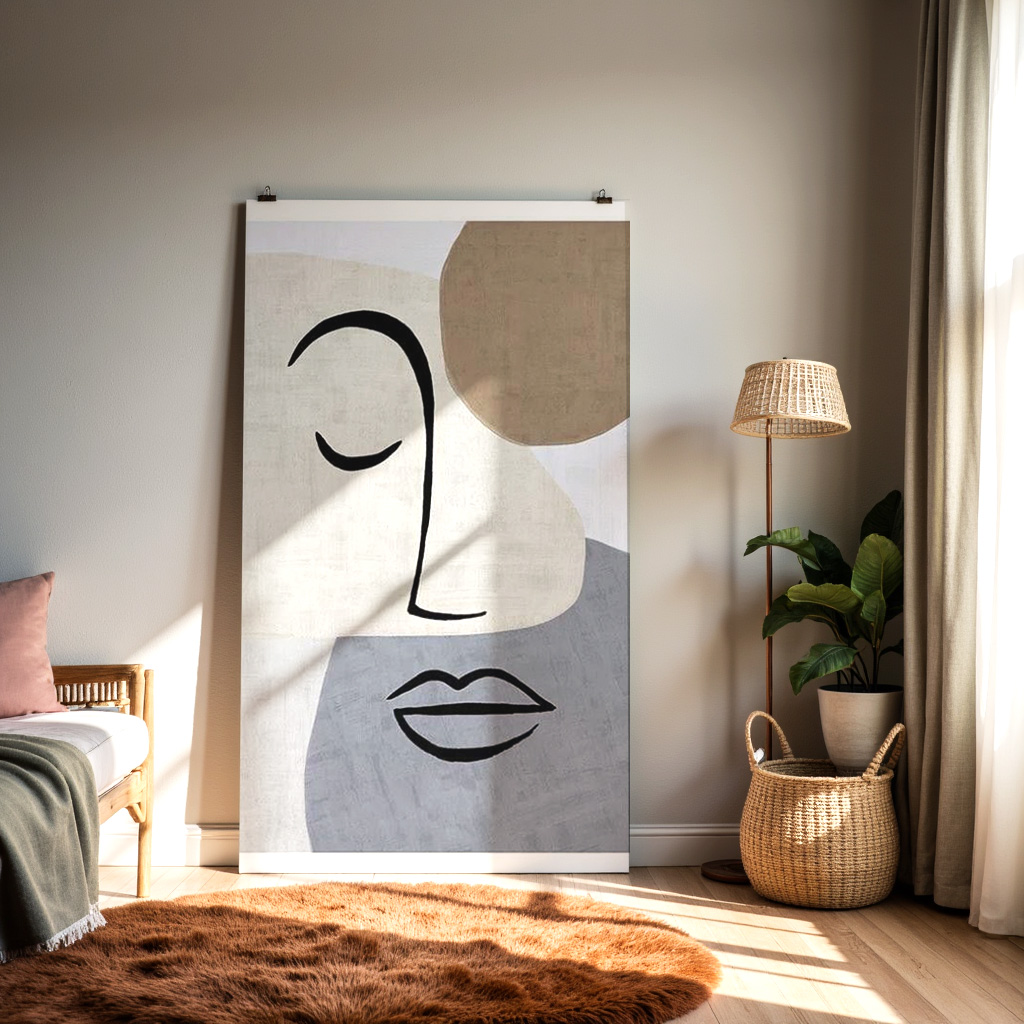 Minimalist Abstract Face Line Art – Modern Neutral Color Block Portrait Print