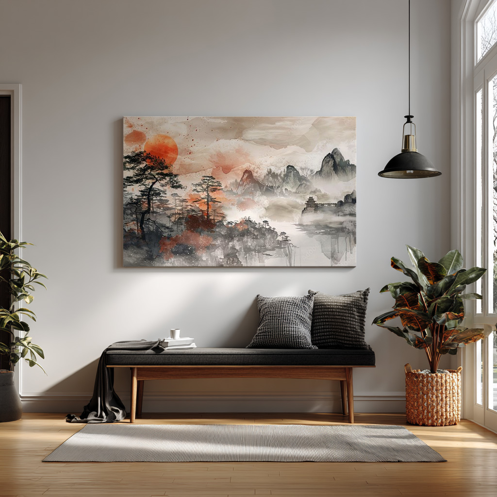 Crimson Mist – Oriental Mountain & Sunrise Wall Art