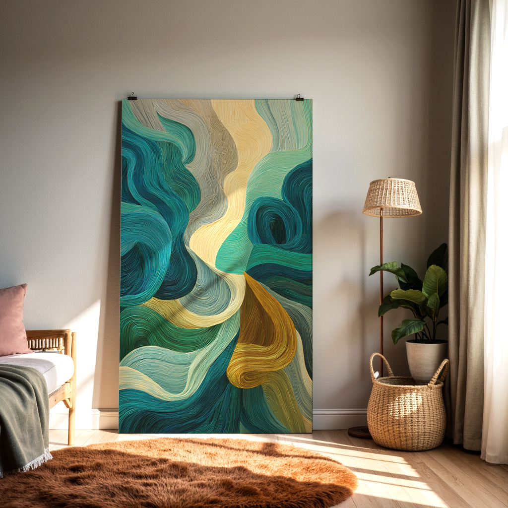 Flowing Abstract Canvas Art – Teal, Gold & Modern Fluid Lines
