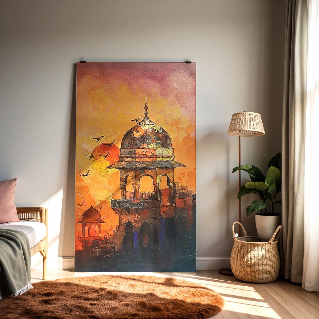 Indian Heritage Architecture Wall Art | Sunset Palace Dome Painting