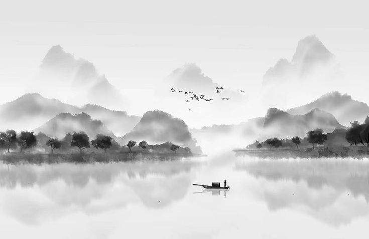 Minimalist Asian Landscape Wall Art – Serene Ink Wash Mountain & Lake Scene