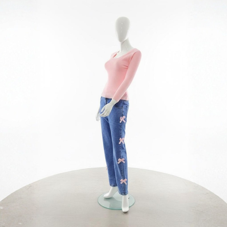 Jeans Azul Con Lazos Rosas