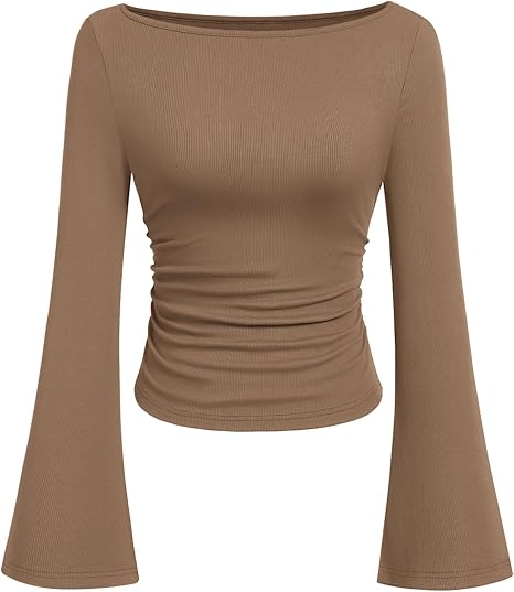 Women's Brown Long Sleeve Ruched Top