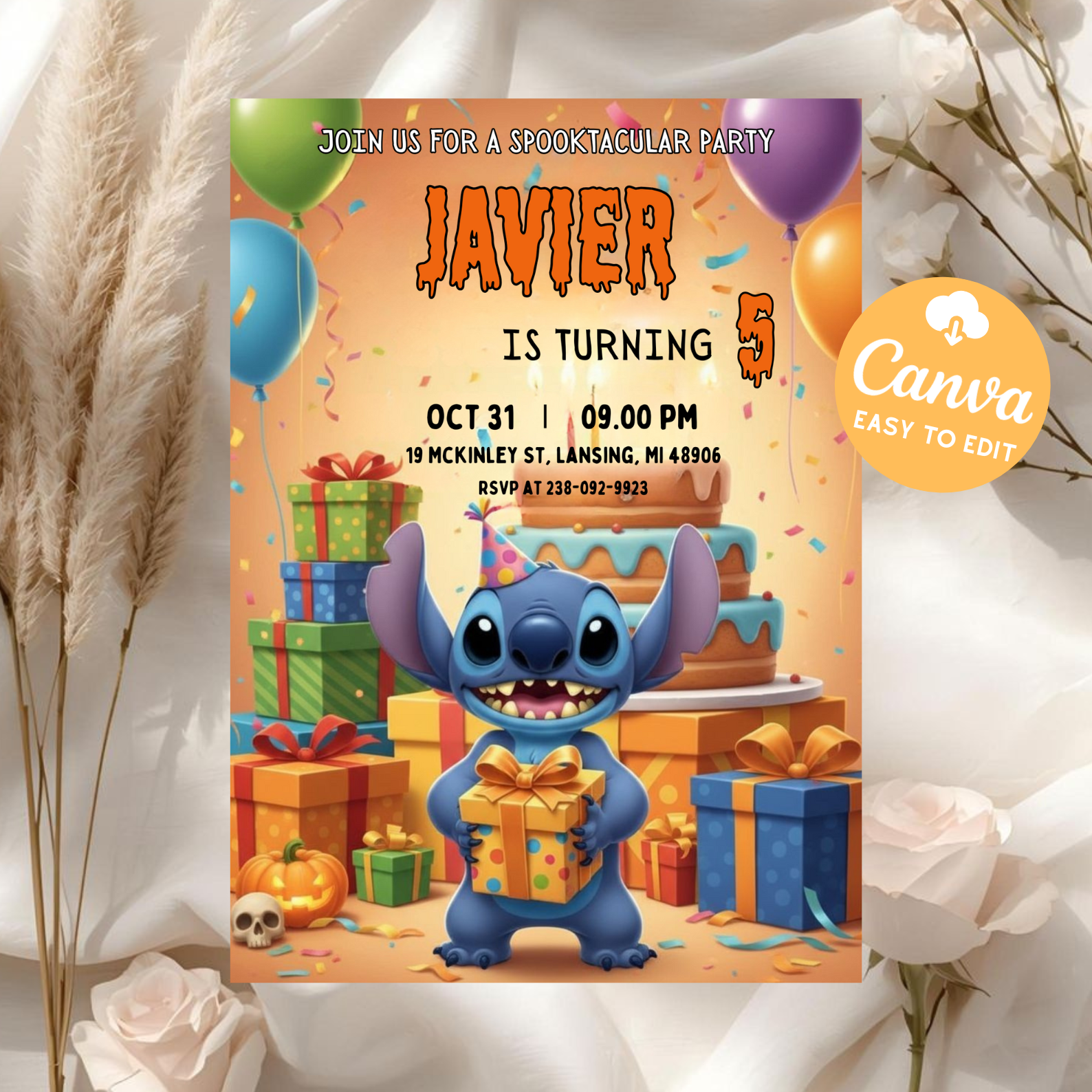 Stitch Halloween Invitation | Editable Stitch Birthday Party Invite | Printable Stitch Digital Card | Kids Stitch Invitation Template