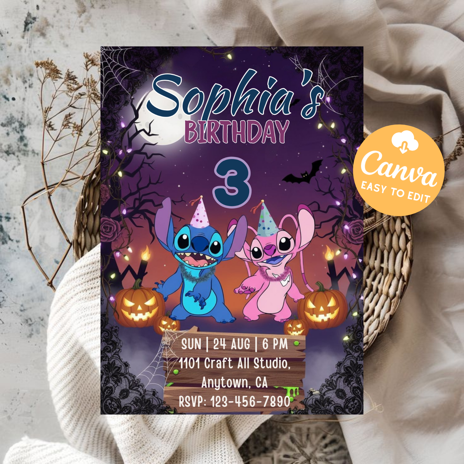 Stitch and Angel Birthday Invitation | Lilo and Stitch Party Invite | Hawaiian Stitch Birthday Girl Card | Kids Birthday Printable Template