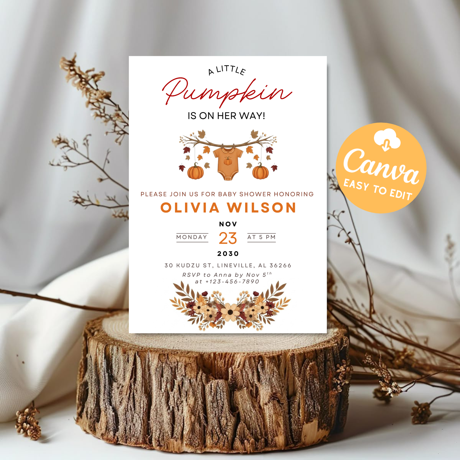 Little Pumpkin Baby Shower Invitation | Girl Fall Baby Shower Invite | Cute Pumpkin Baby Clothes Theme | Editable Canva Template | Printable Download
