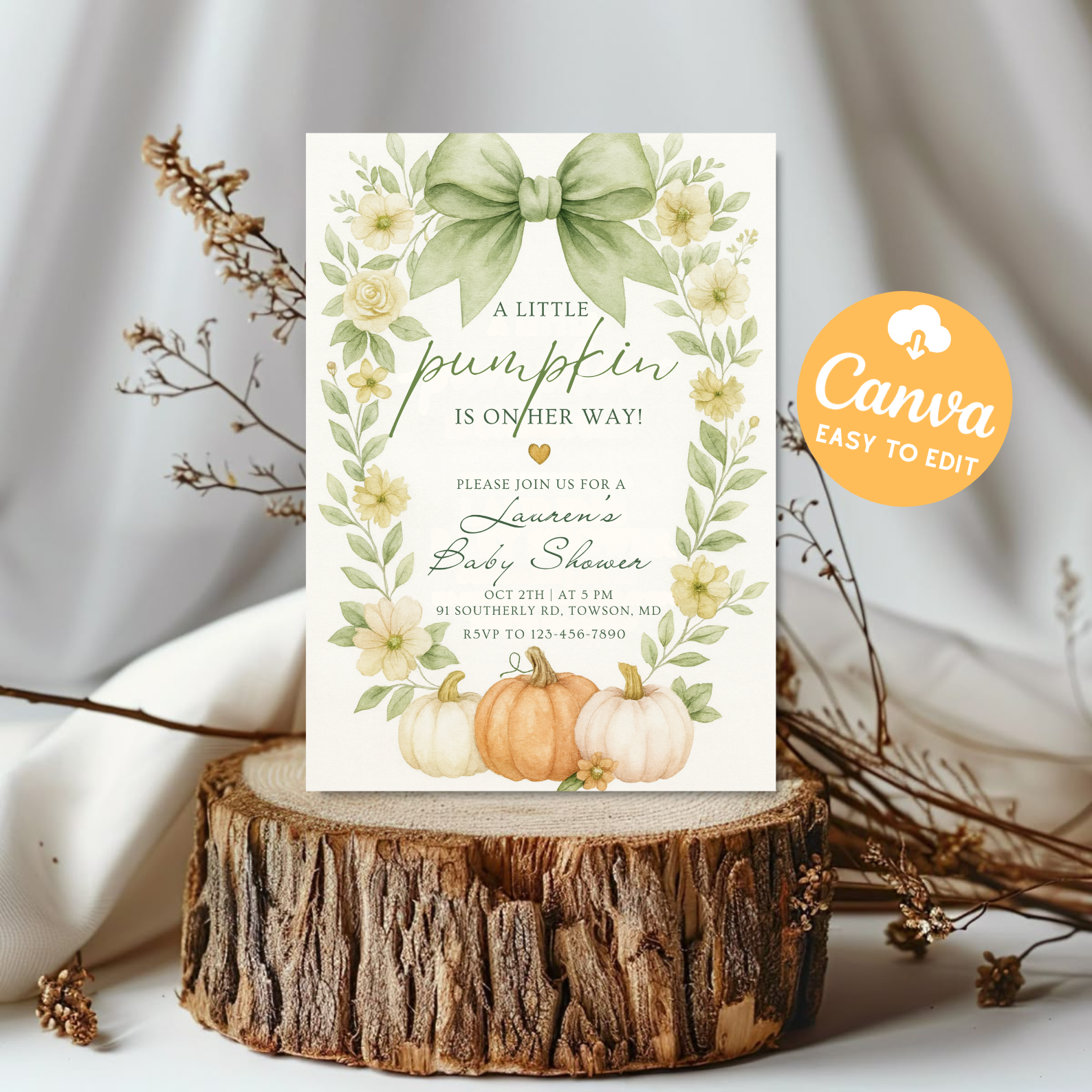 Pink Pumpkin Baby Shower Invitation | Floral Bow Coquette Theme | Girl Baby Shower Invite | Editable Canva Template | Digital Download Printable
