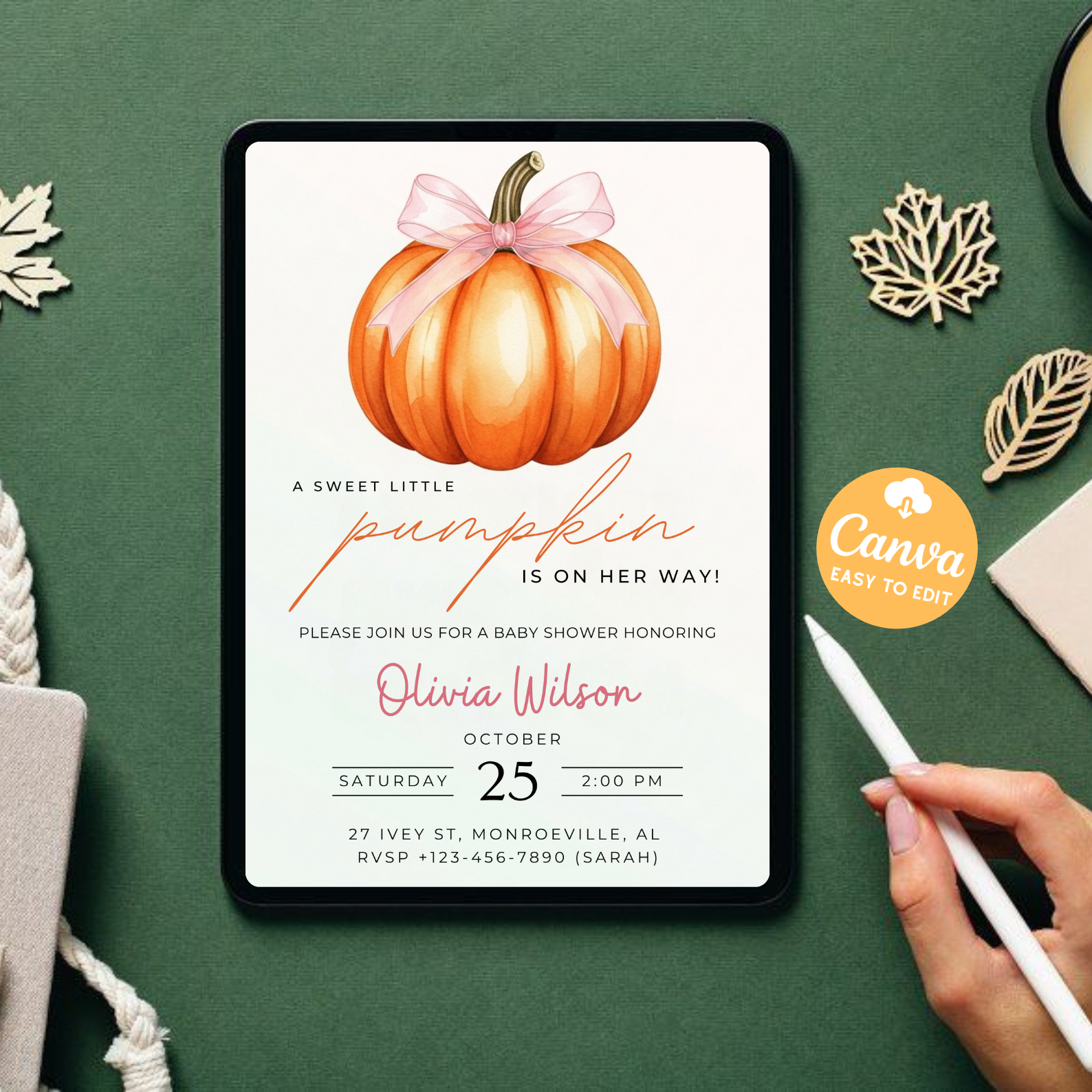 Little Pumpkin Is On The Way Baby Shower Invitation | Pink Bow Girl Fall Shower Invite | Watercolor Autumn Pumpkin Template | Editable Canva Printable