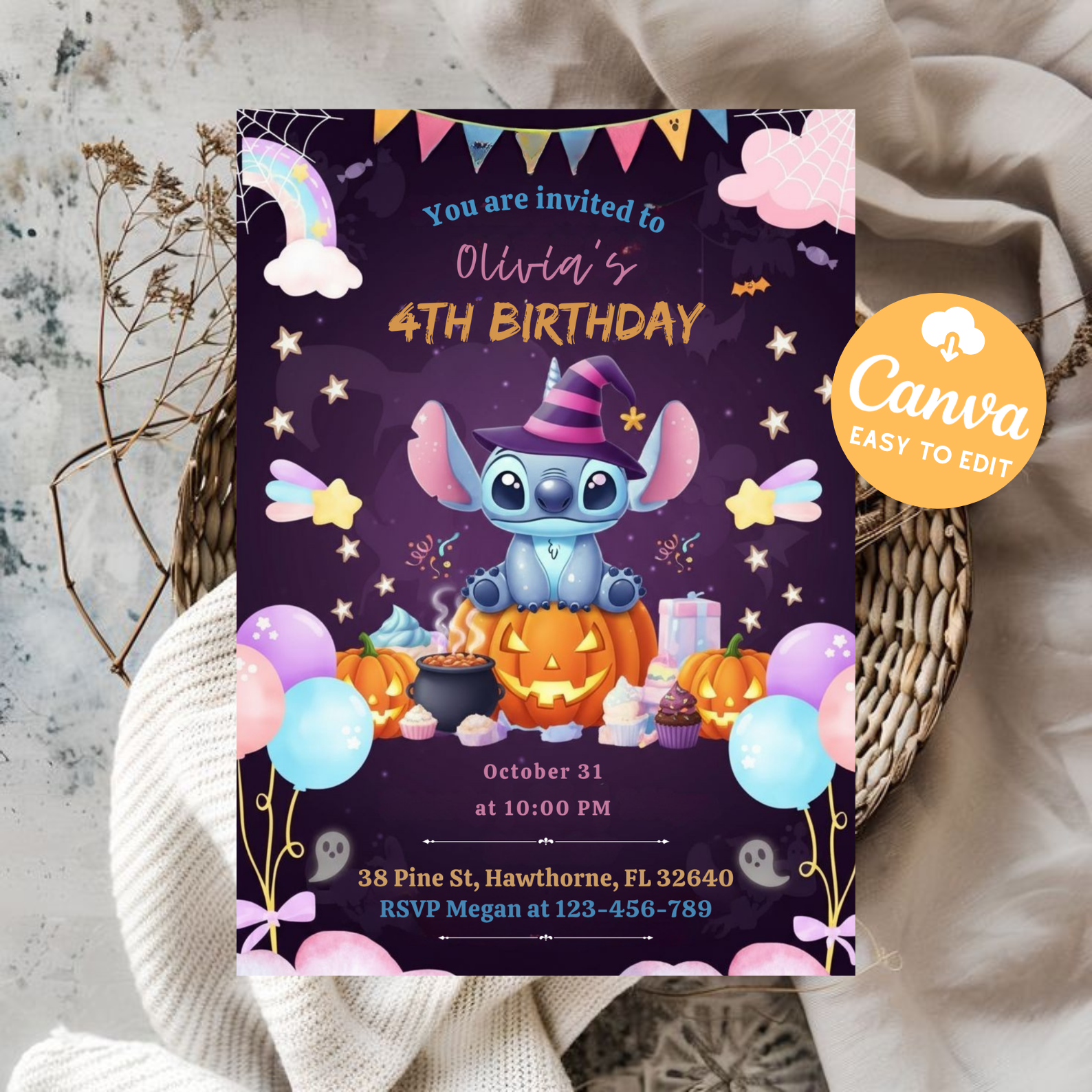 Editable Stitch Birthday Invitation | Cute Stitch Party Invite for Girls | Printable Canva Template | Digital Download Instant Access