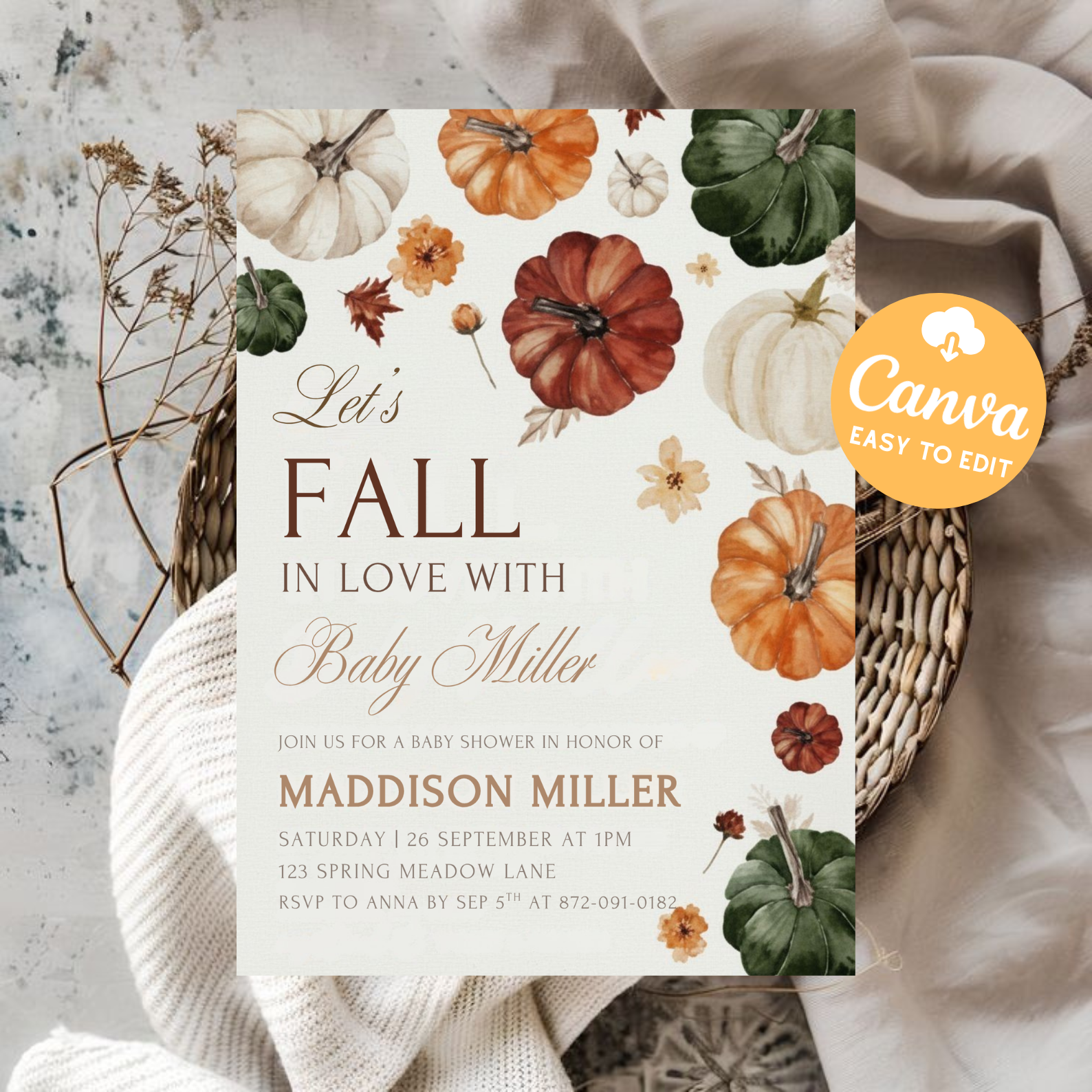 Little Pumpkin Baby Shower Invitation | Fall Baby Shower Invite | Baby Girl Pumpkin Shower Card | Editable Canva Template | Printable Download