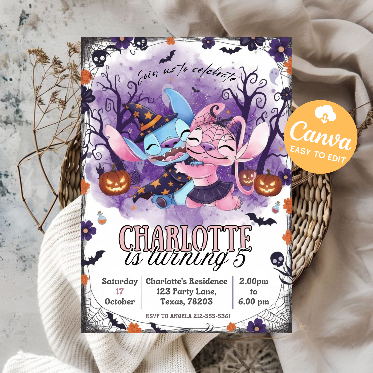 Stitch Halloween Invitation Template | Halloween Invitation Party Evite | Editable Kids Birthday | Digital Download Printable
