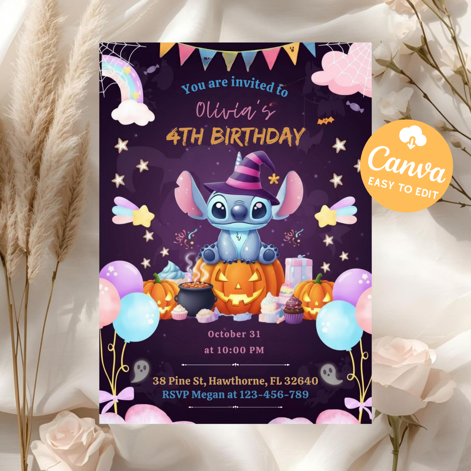 Editable Stitch Birthday Invitation | Cute Stitch Party Invite for Girls | Printable Canva Template | Digital Download Instant Access