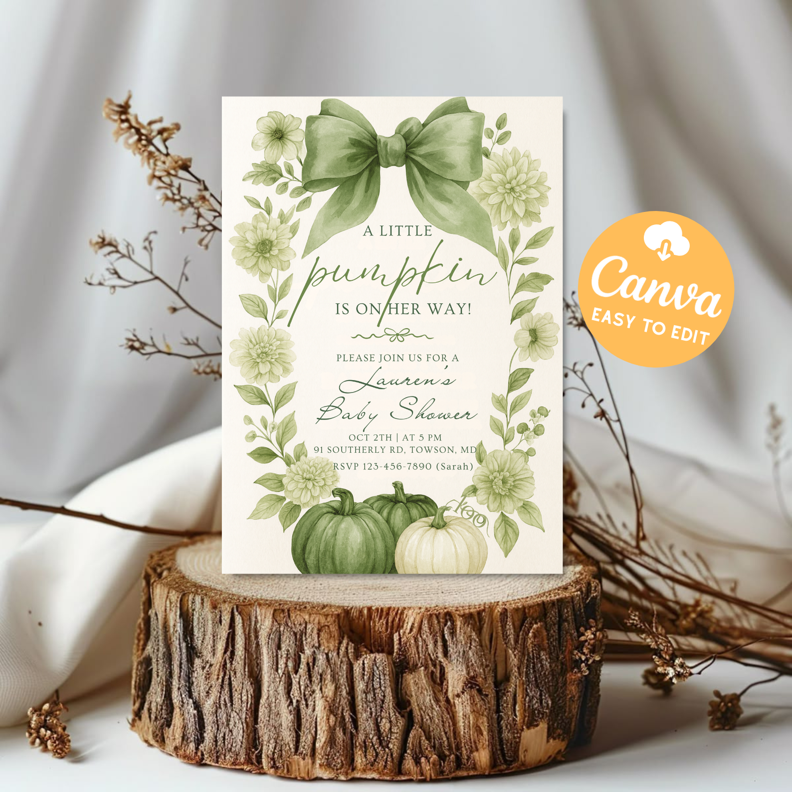 Pink Pumpkin Baby Shower Invitation | Floral Bow Coquette Baby Girl Invite | Editable Canva Template | Fall Baby Shower Digital Download