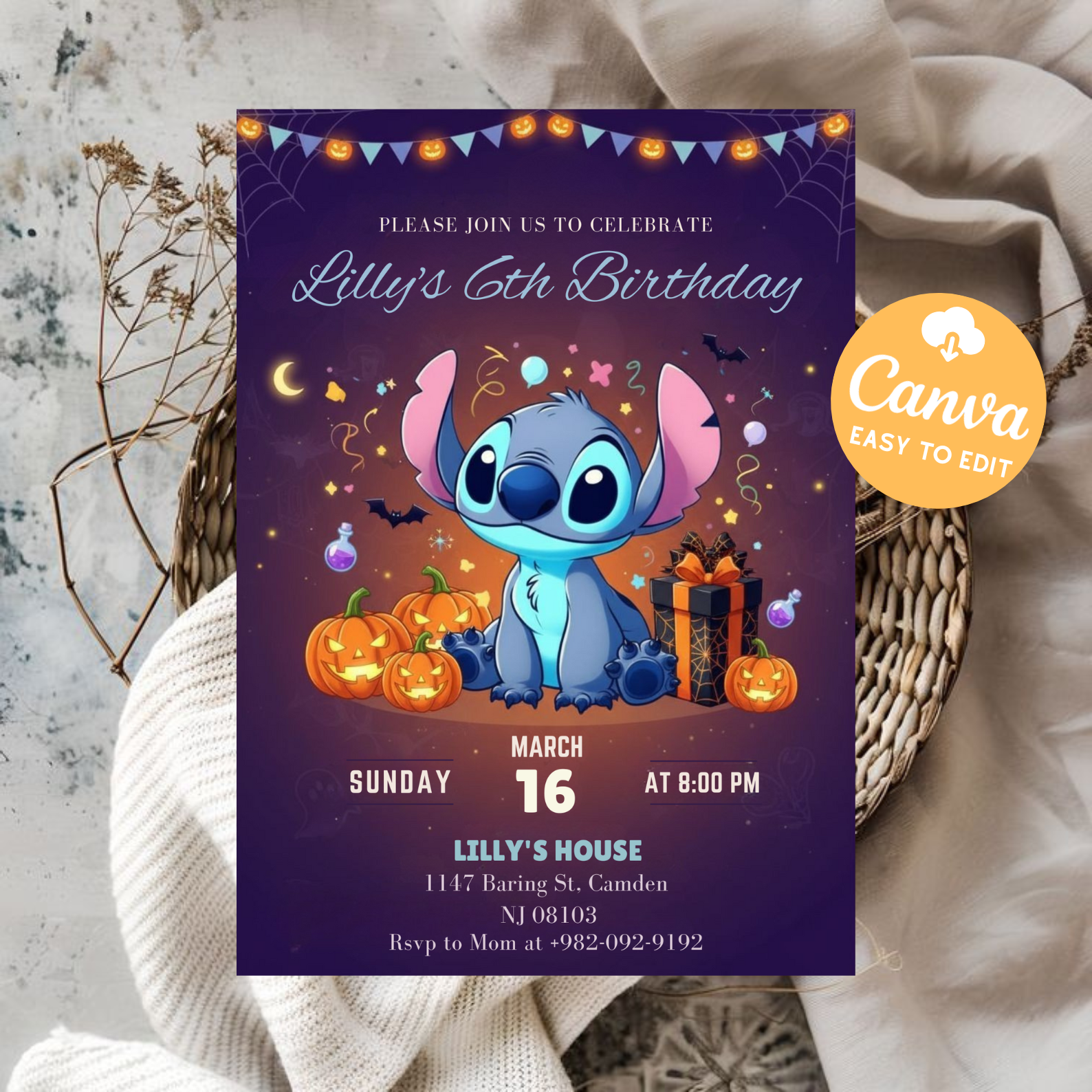 Stitch and Angel Birthday Invitation | Editable Stitch Birthday Party Template | Digital Kids Invite | Printable Cartoon Bday Invitation