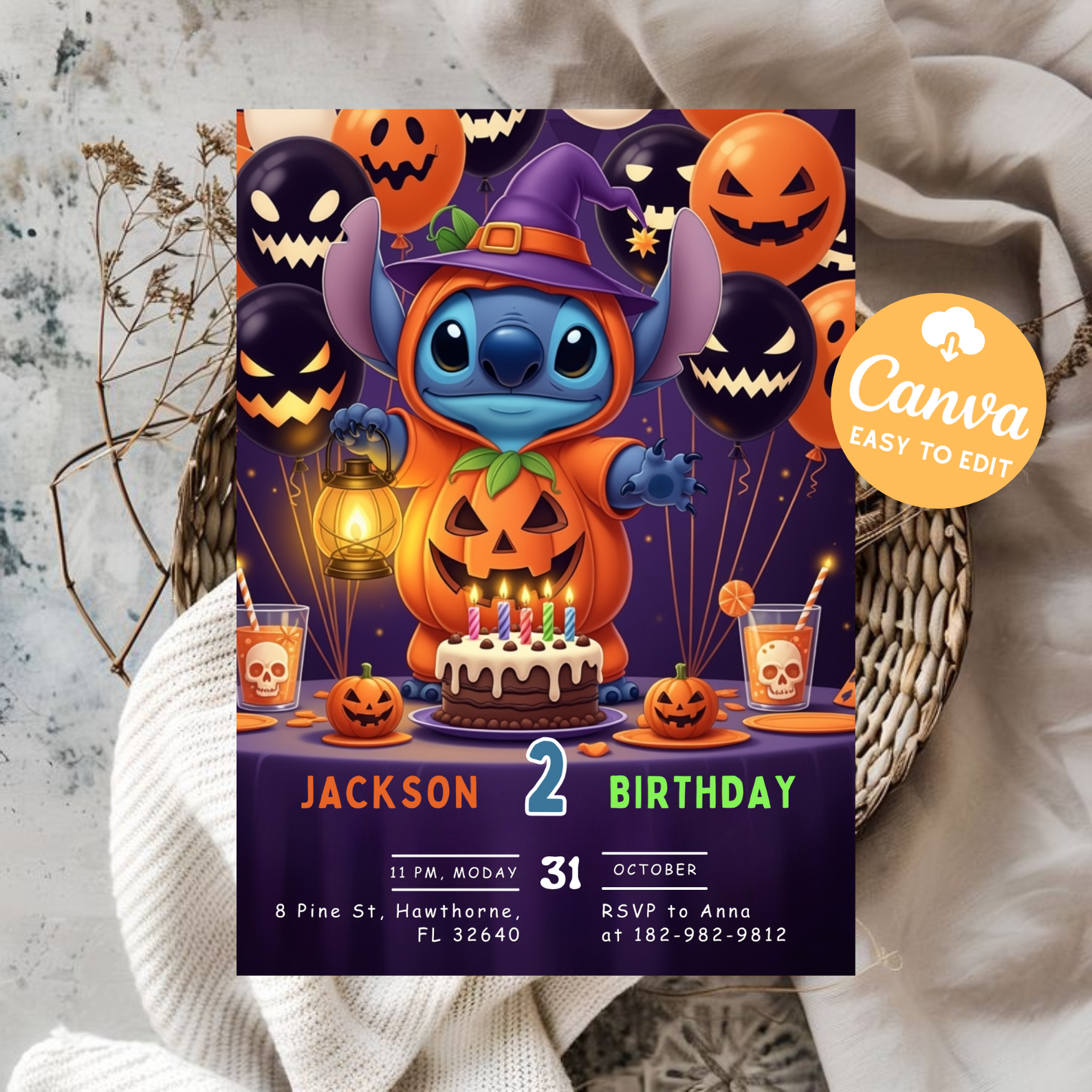 Editable Stitch Halloween Birthday Invitation | Lilo and Stitch Spooky Party Invite | Kids Birthday Canva Template | Digital Download Printable