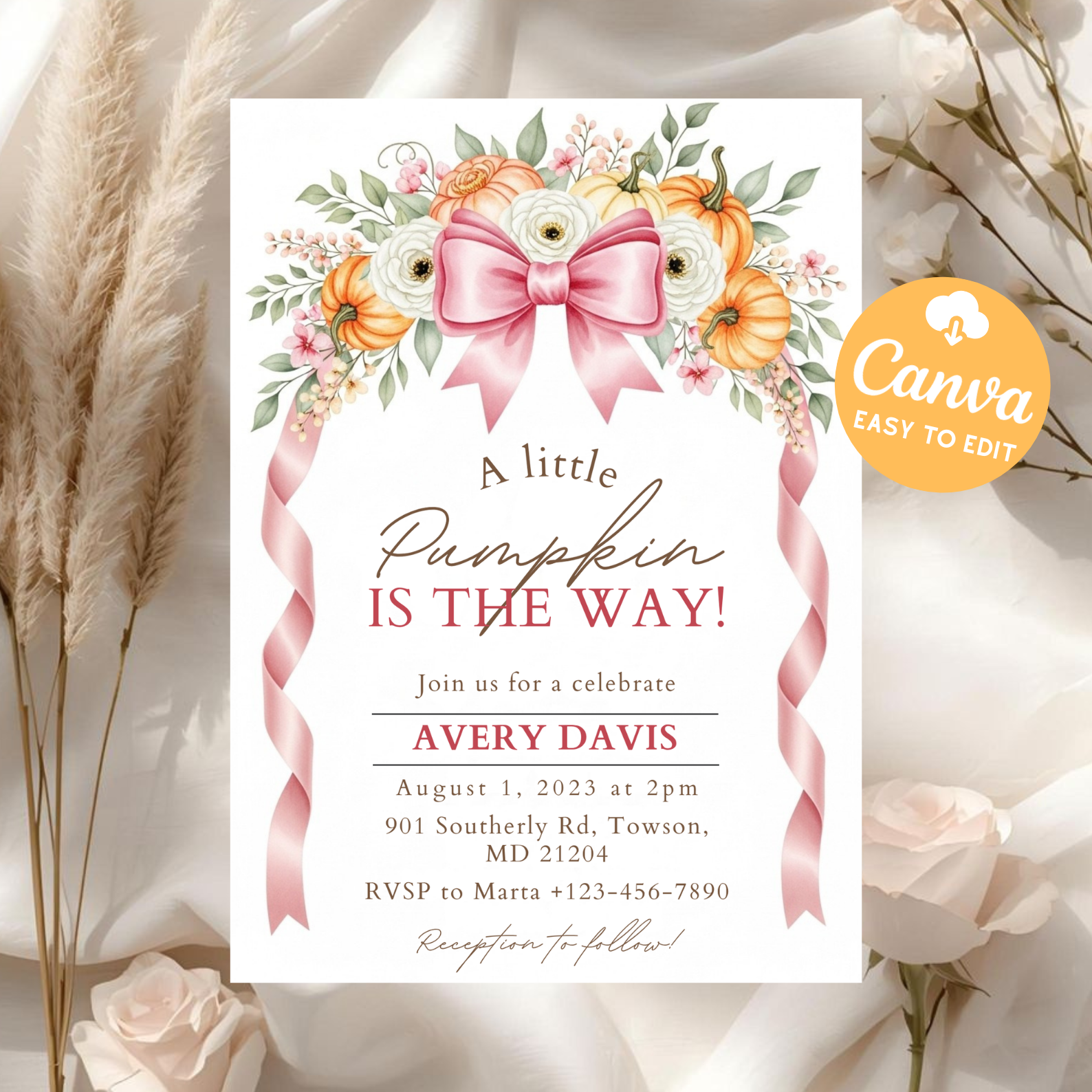 Pink Little Pumpkin Baby Shower Invitation | Girl Fall Floral Baby Shower Invite | Bow Pumpkin Party Card | Editable Canva Template Printable