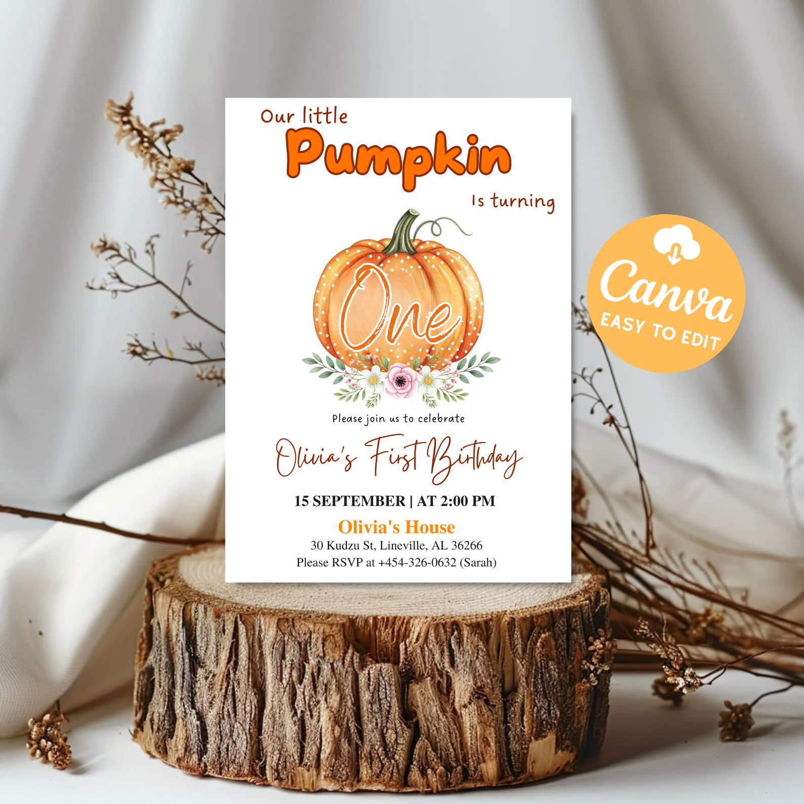 Little Pumpkin Is On The Way Baby Shower Invitation | Pink Bow Girl Fall Theme Invite | Watercolor Autumn Pumpkin Template | Editable Canva Printable