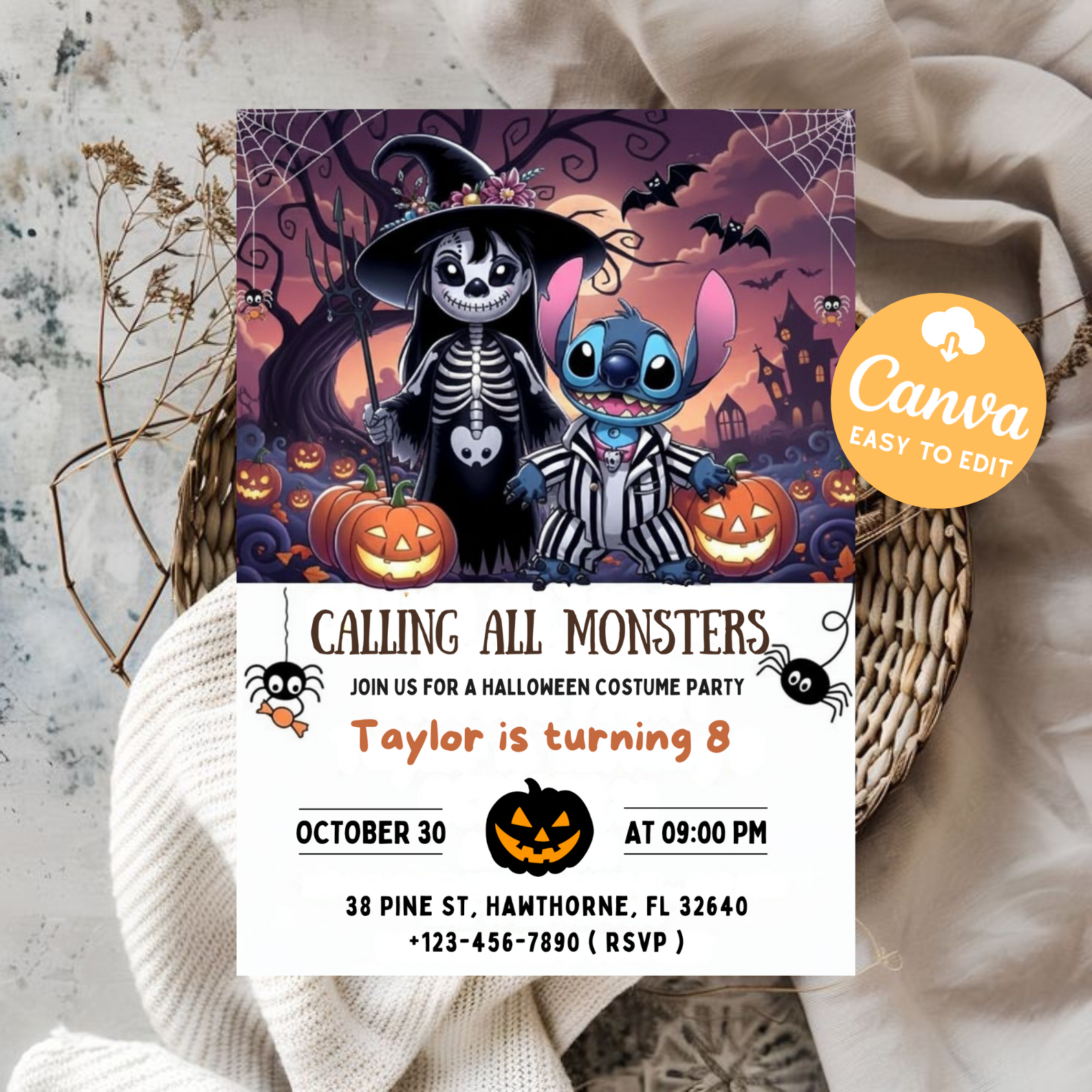 Editable Halloween Stitch and Lilo Invitation | Kids Costume Party Invite | Canva Template | Digital Download Printable