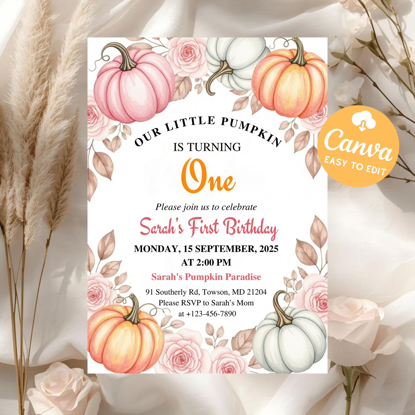 Our Little Pumpkin First Birthday Invitation | Girl Fall Birthday Invite | Pink Pumpkin Theme | Editable Autumn One Template | Canva Printable Download