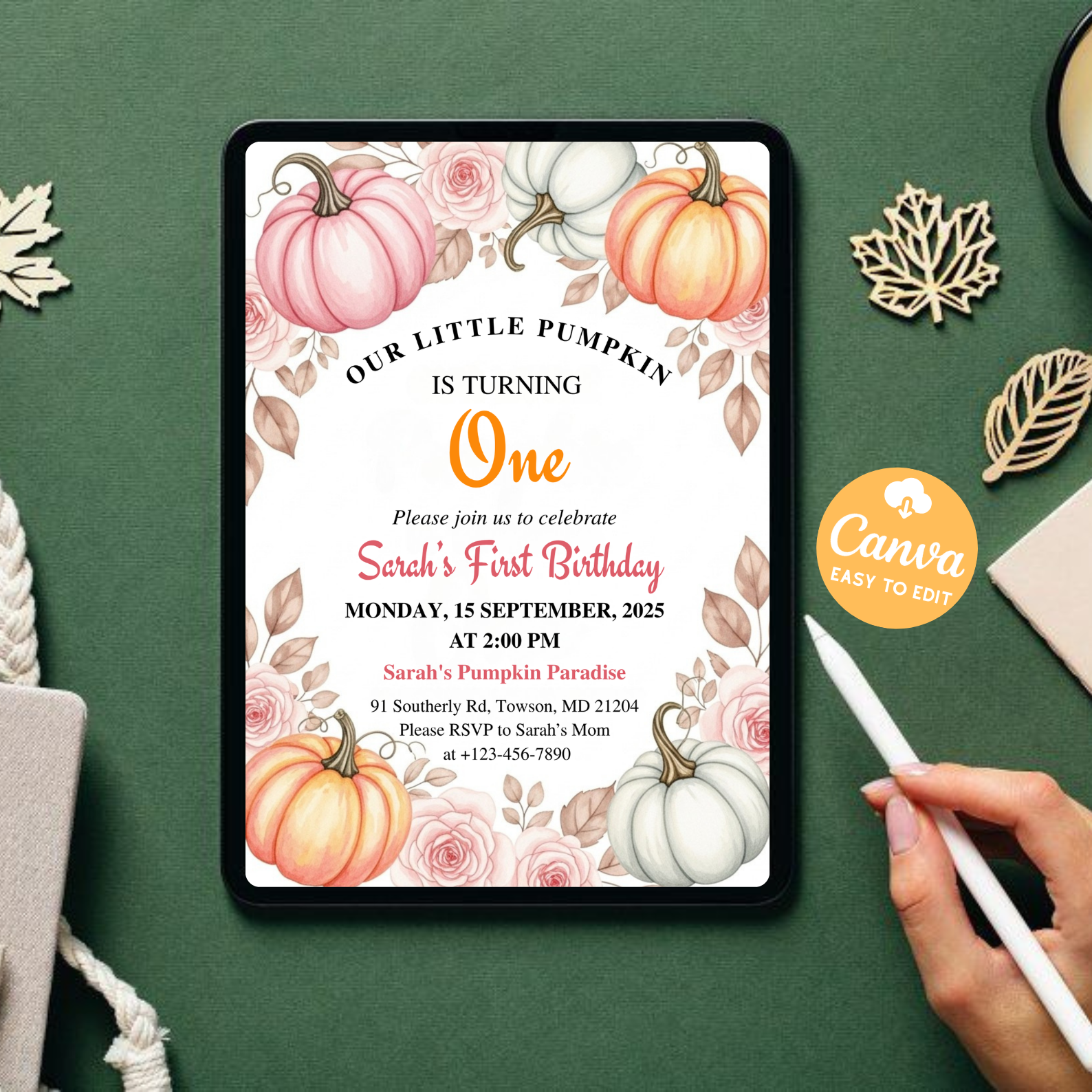 Our Little Pumpkin First Birthday Invitation | Girl Fall Birthday Invite | Pink Pumpkin Theme | Editable Autumn One Template | Canva Printable Download