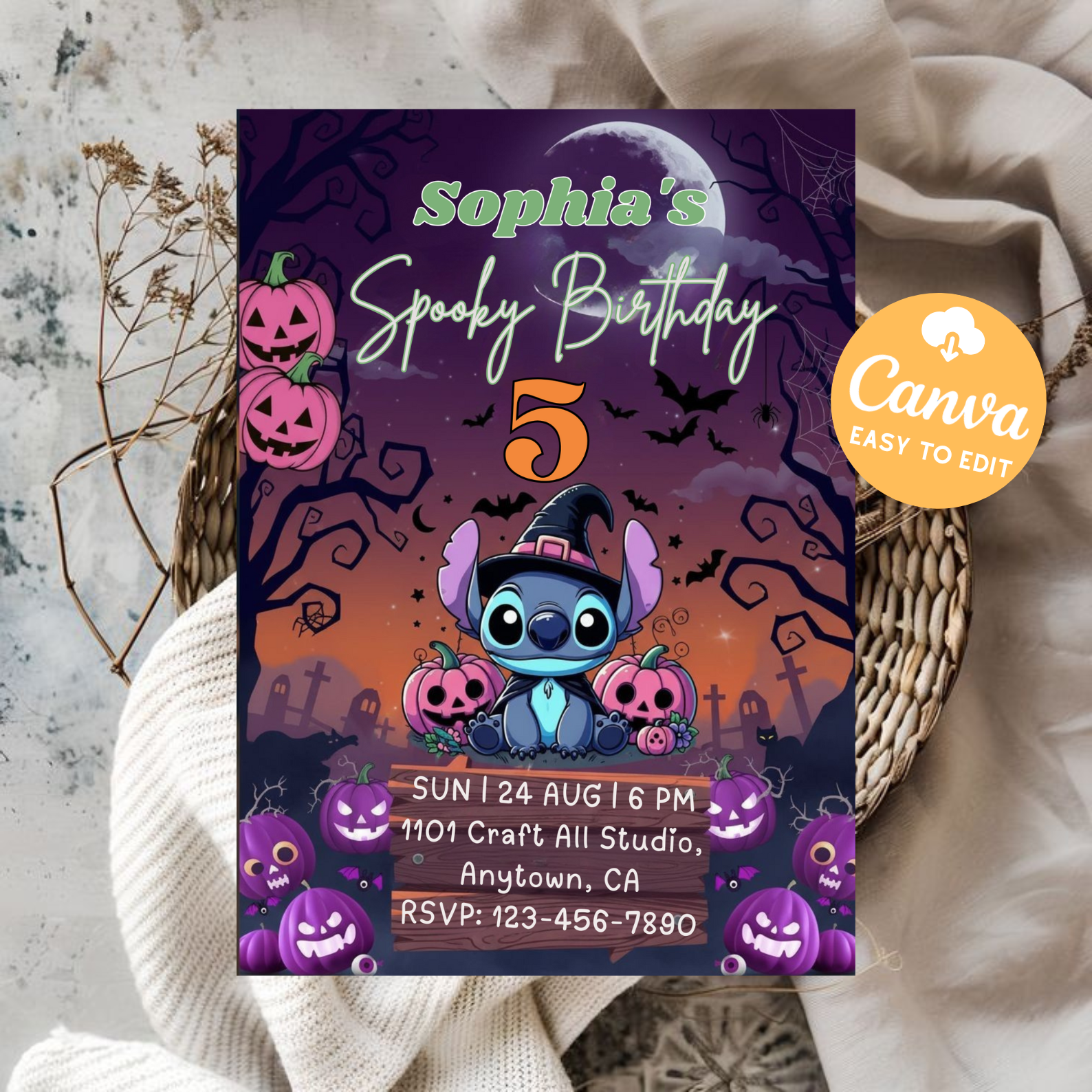 Halloween Stitch Birthday Invitation | Editable Canva Template | Spooky Lilo and Stitch Kids Party Invite | Digital Download Printable