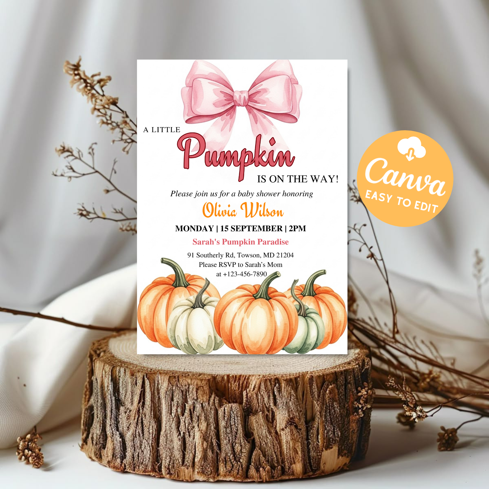 Pumpkin Baby Shower Invitation | Pink Bow Fall Coquette Theme | Baby Girl Shower Invite | Editable Canva Template | Digital Download