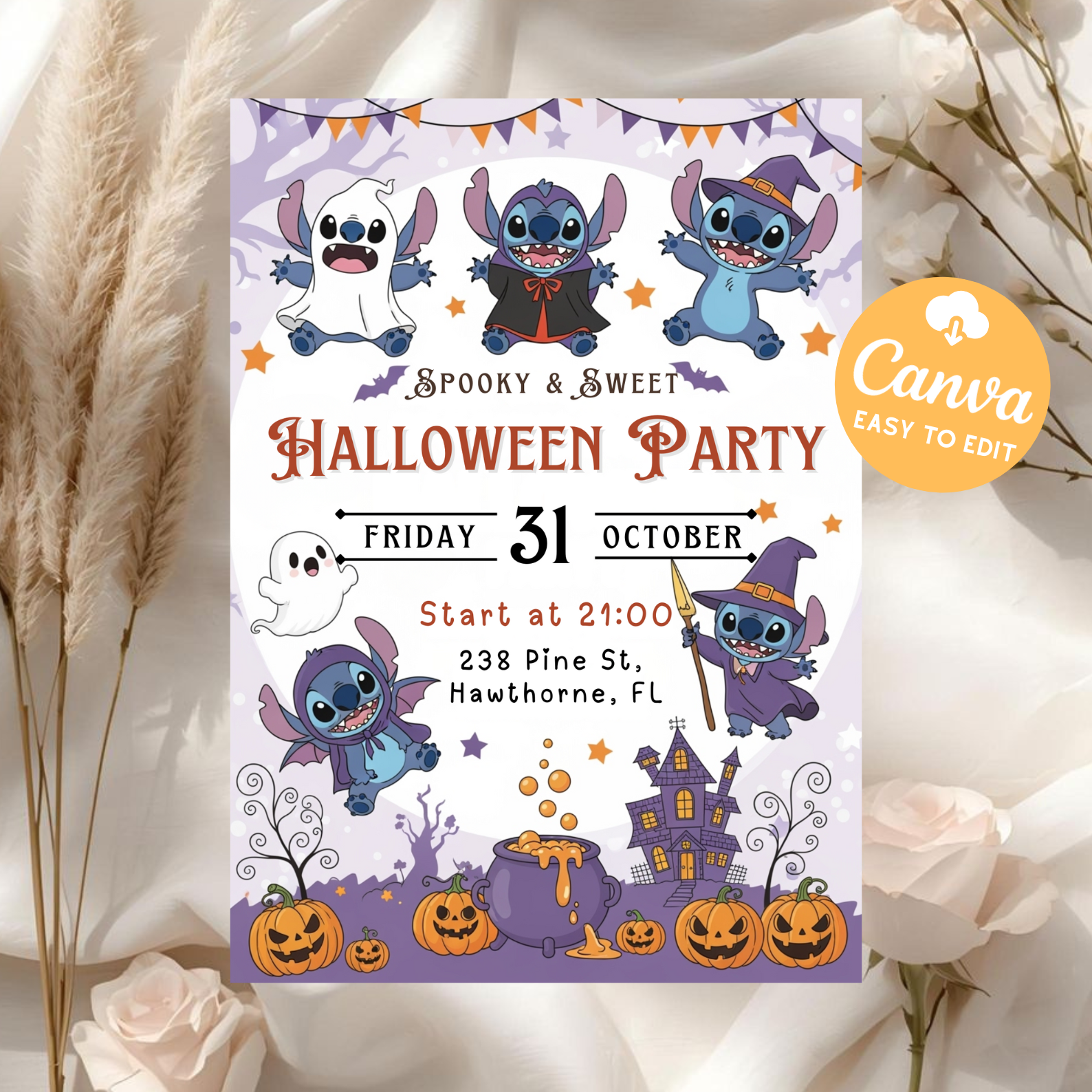 Stitch Halloween Party Invitation | Pastel Spooky Cute Party Invite | Editable Kids Birthday Template | Printable Digital Download Canva