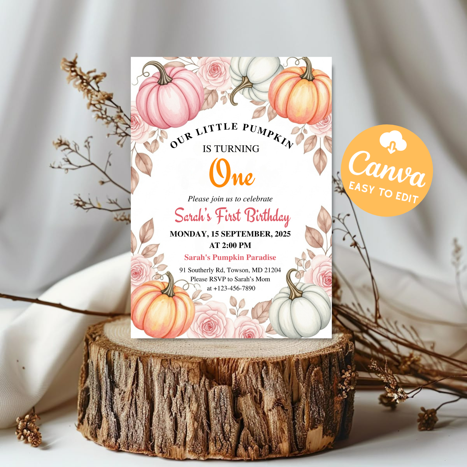 Our Little Pumpkin First Birthday Invitation | Girl Fall Birthday Invite | Pink Pumpkin Theme | Editable Autumn One Template | Canva Printable Download