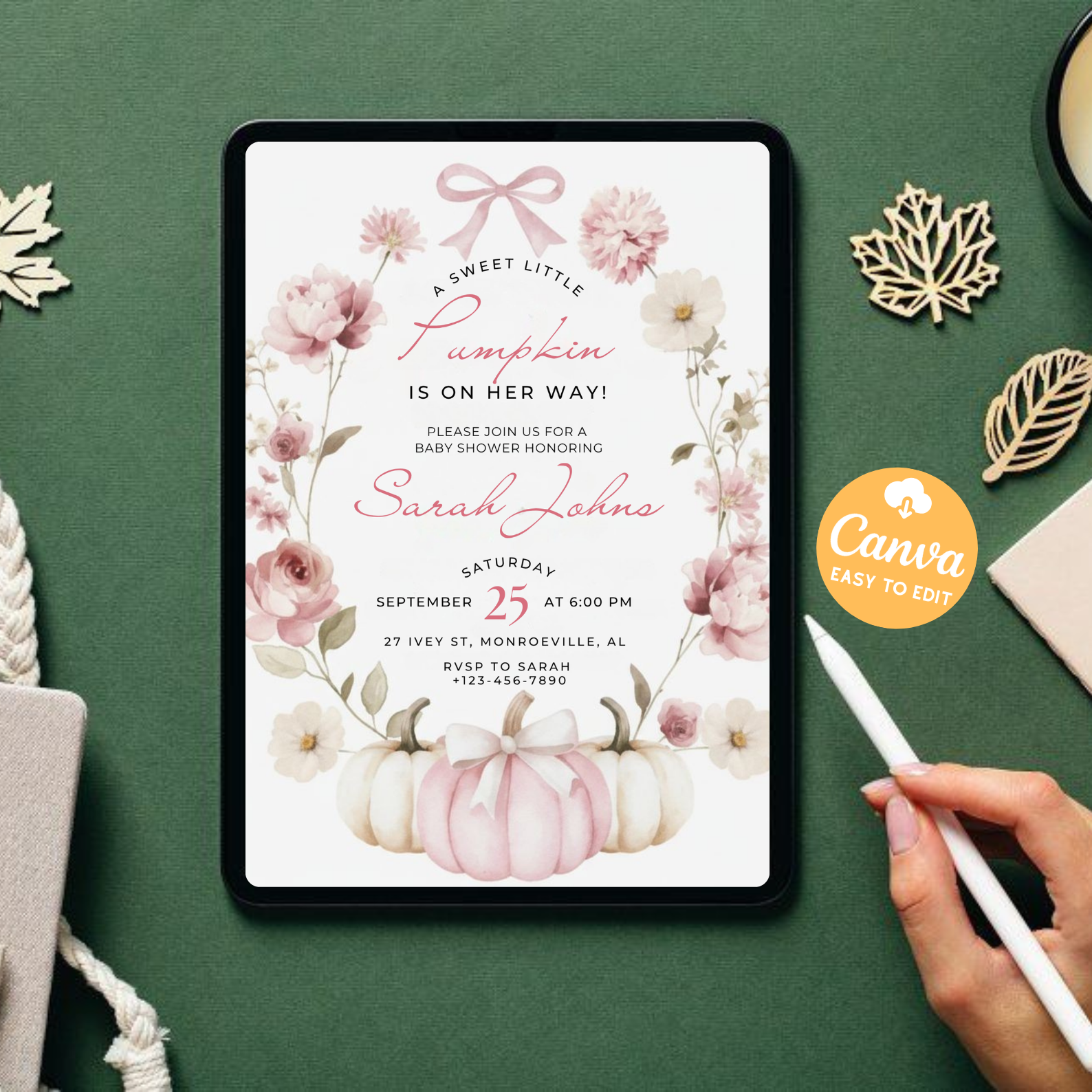 Little Pumpkin Baby Shower Invitation | Pink Pumpkin Girl Baby Shower Invite | Boho Floral Coquette Bow Theme | Editable Canva Template Printable