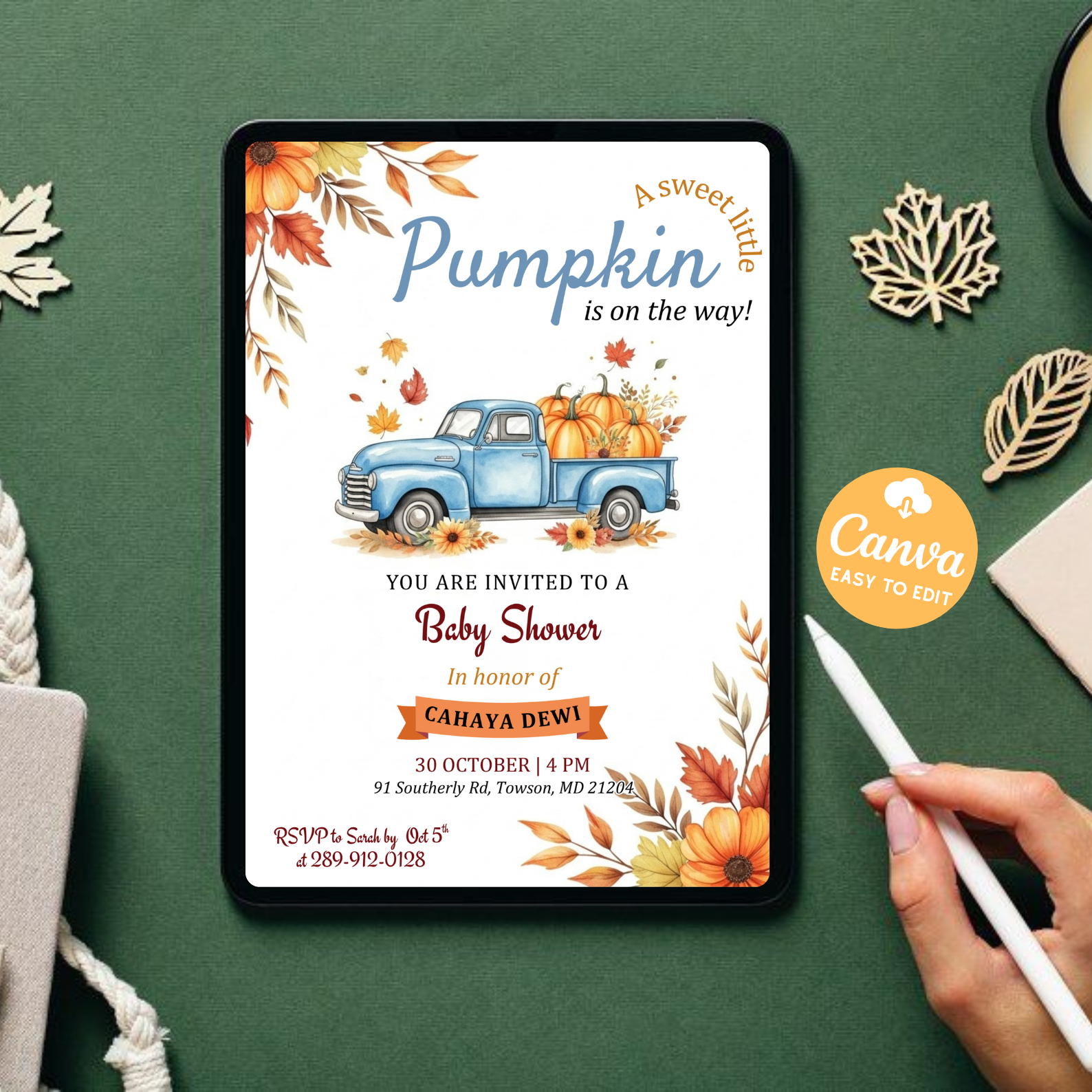 Blue Truck Little Pumpkin Baby Shower Invitation | Fall Autumn Baby Shower Invite | Editable Canva Template | Printable Digital Download