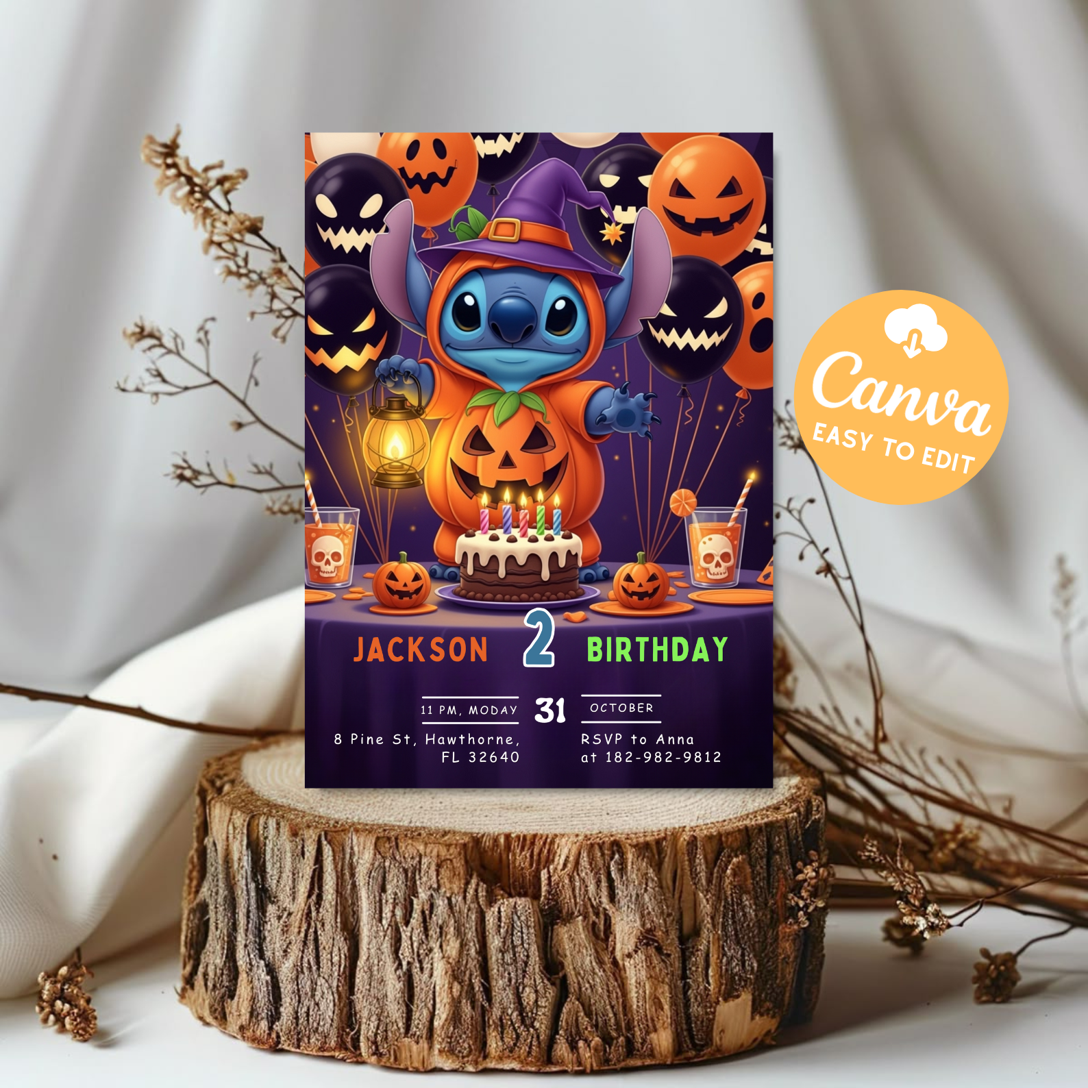 Editable Stitch Halloween Birthday Invitation | Lilo and Stitch Spooky Party Invite | Kids Birthday Canva Template | Digital Download Printable