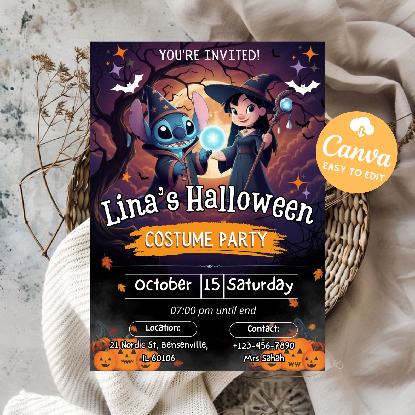 Editable Stitch Halloween Invitation | Stitch Birthday Party Invite | Printable Stitch Digital Card | Kids Stitch Invitation Template