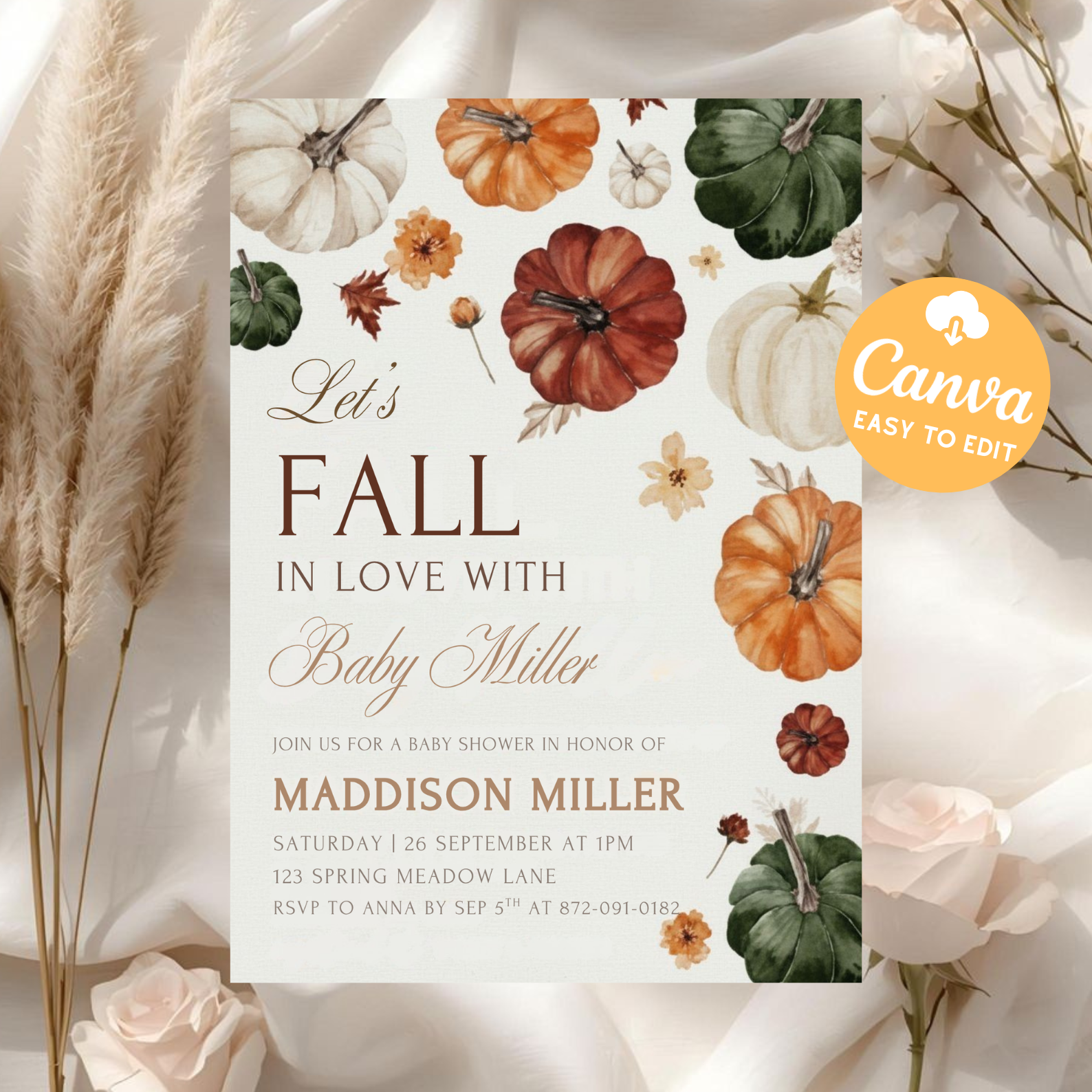 Little Pumpkin Baby Shower Invitation | Fall Baby Shower Invite | Baby Girl Pumpkin Shower Card | Editable Canva Template | Printable Download