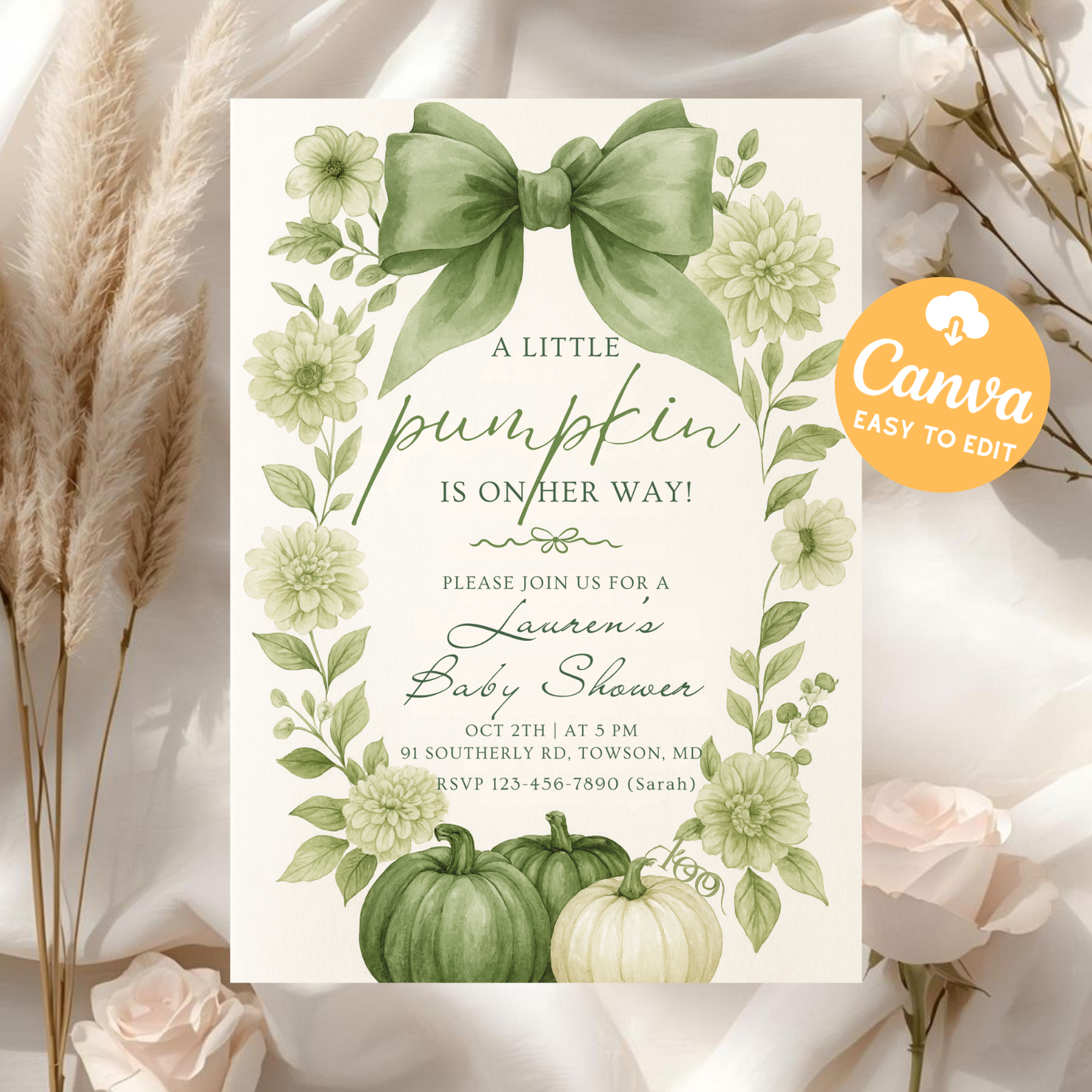 Pink Pumpkin Baby Shower Invitation | Floral Bow Coquette Baby Girl Invite | Editable Canva Template | Fall Baby Shower Digital Download