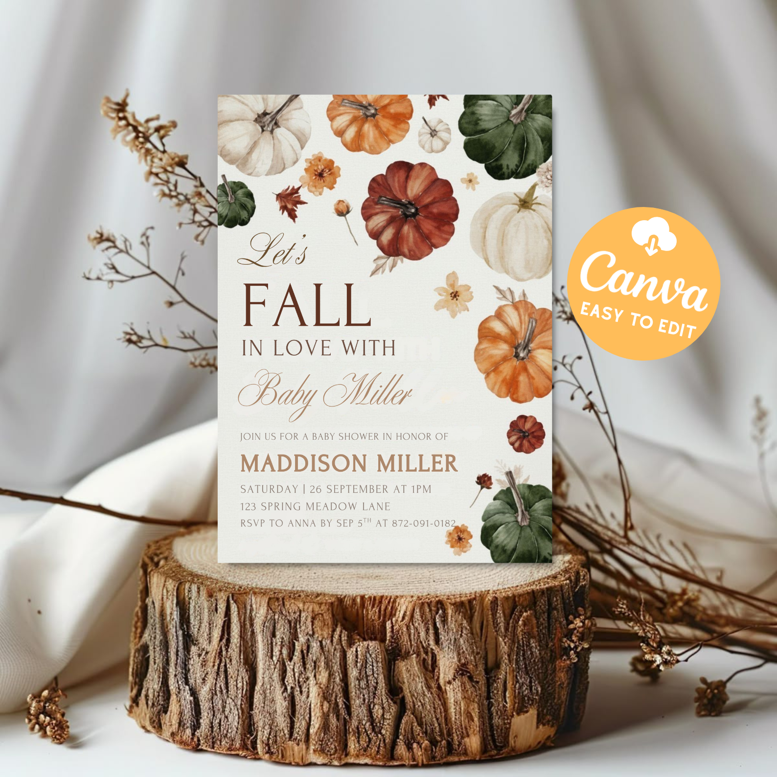 Little Pumpkin Baby Shower Invitation | Fall Baby Shower Invite | Baby Girl Pumpkin Shower Card | Editable Canva Template | Printable Download