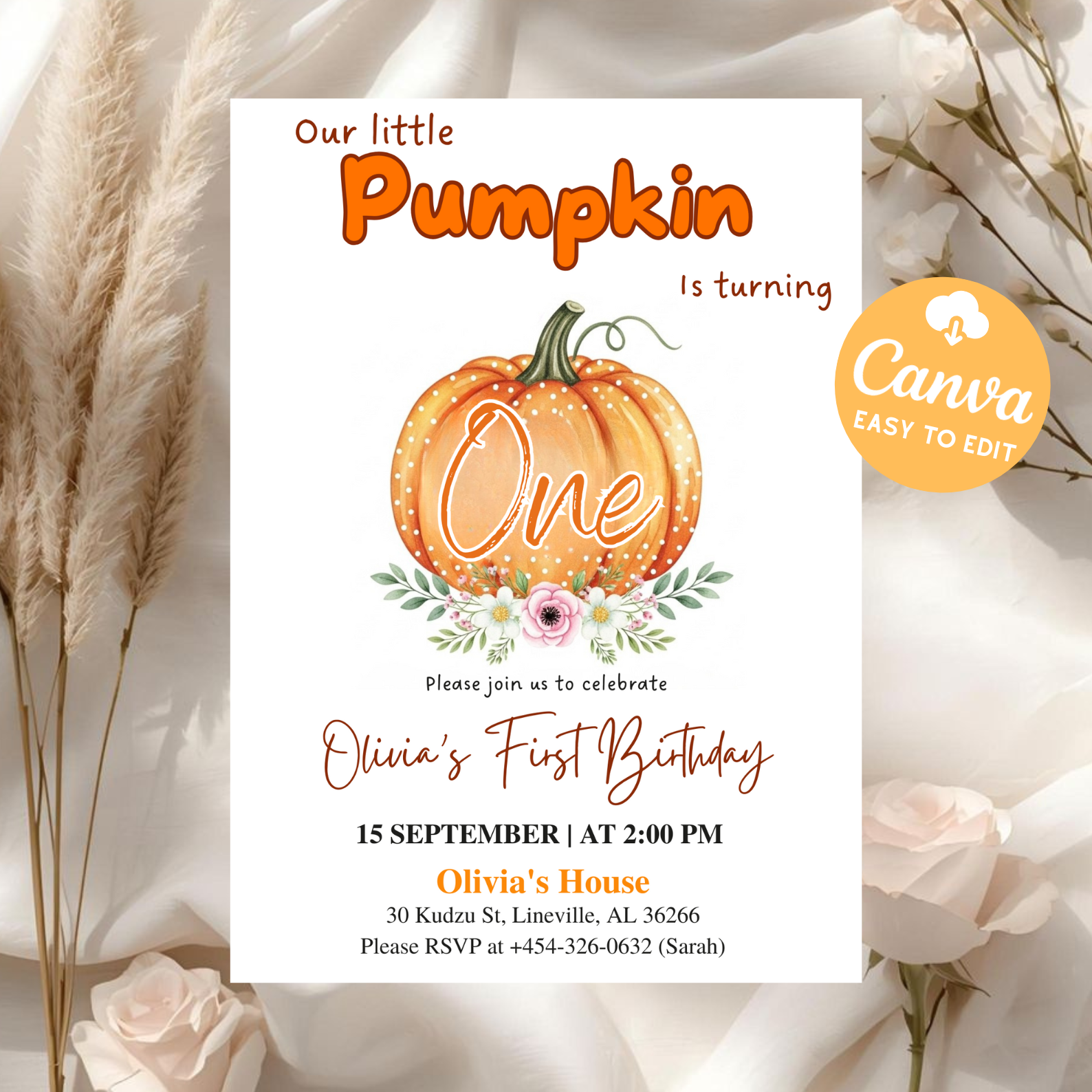 Little Pumpkin Is On The Way Baby Shower Invitation | Pink Bow Girl Fall Theme Invite | Watercolor Autumn Pumpkin Template | Editable Canva Printable