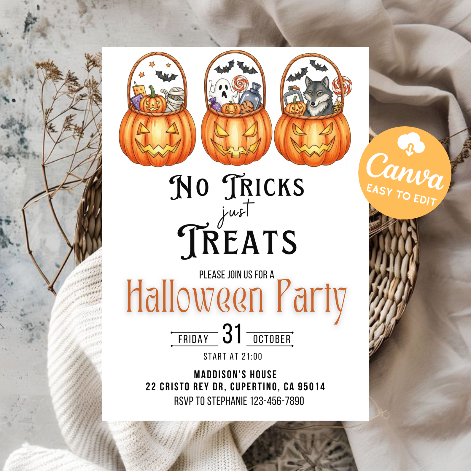 Kids Halloween Party Invitation | Editable Costume Party Evite | Spooky Birthday Invite 5x7 | Canva Digital Download Template