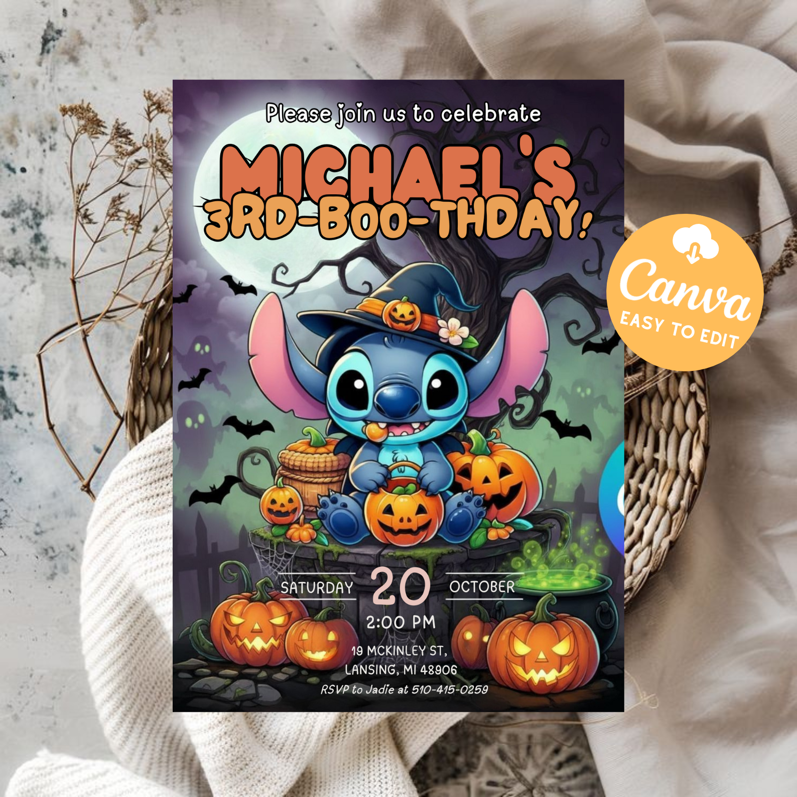 Stitch Halloween Invitation | Editable Stitch Birthday Invitation | Stitch Party Invite | Printable Stitch Digital Card Template