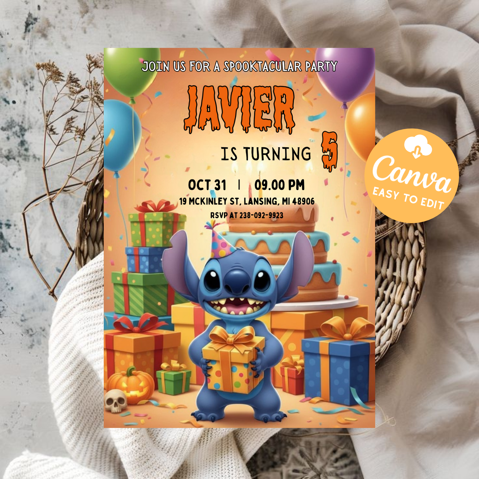 Stitch Halloween Invitation | Editable Stitch Birthday Party Invite | Printable Stitch Digital Card | Kids Stitch Invitation Template