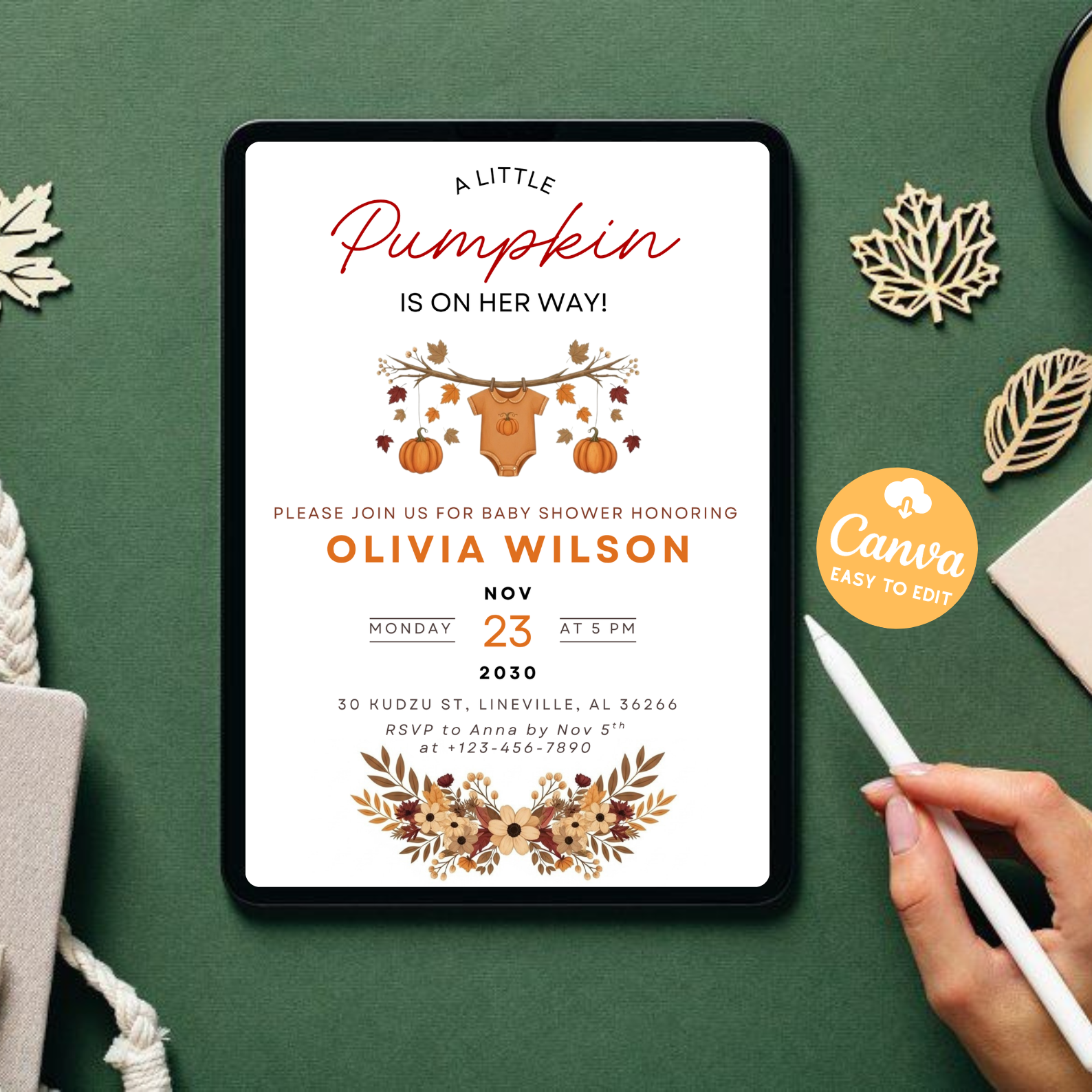 Little Pumpkin Baby Shower Invitation | Girl Fall Baby Shower Invite | Cute Pumpkin Baby Clothes Theme | Editable Canva Template | Printable Download