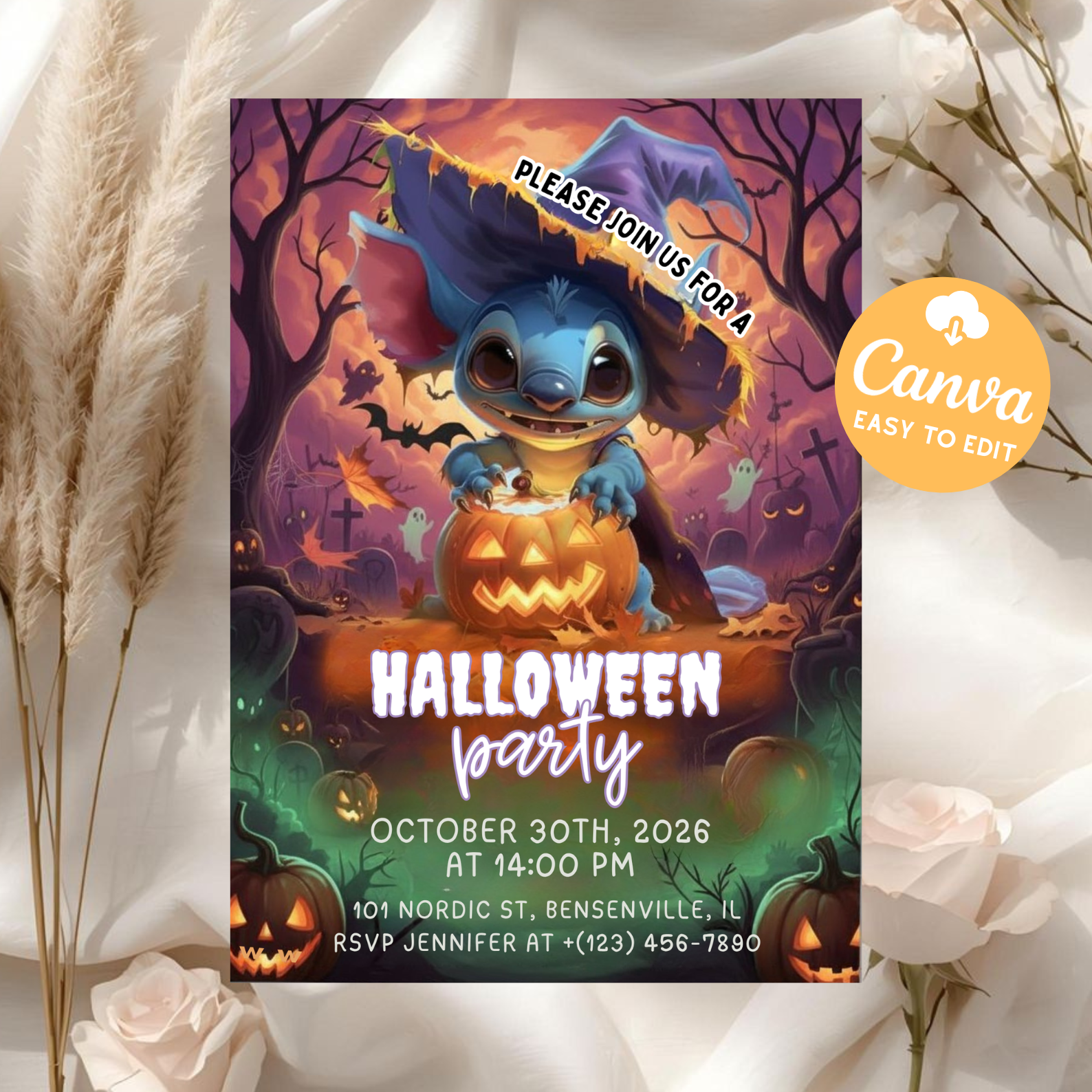 Editable Stitch Halloween Birthday Invitation | Canva Editable Party Invite | Lilo and Stitch Angel Kids Birthday Invitation