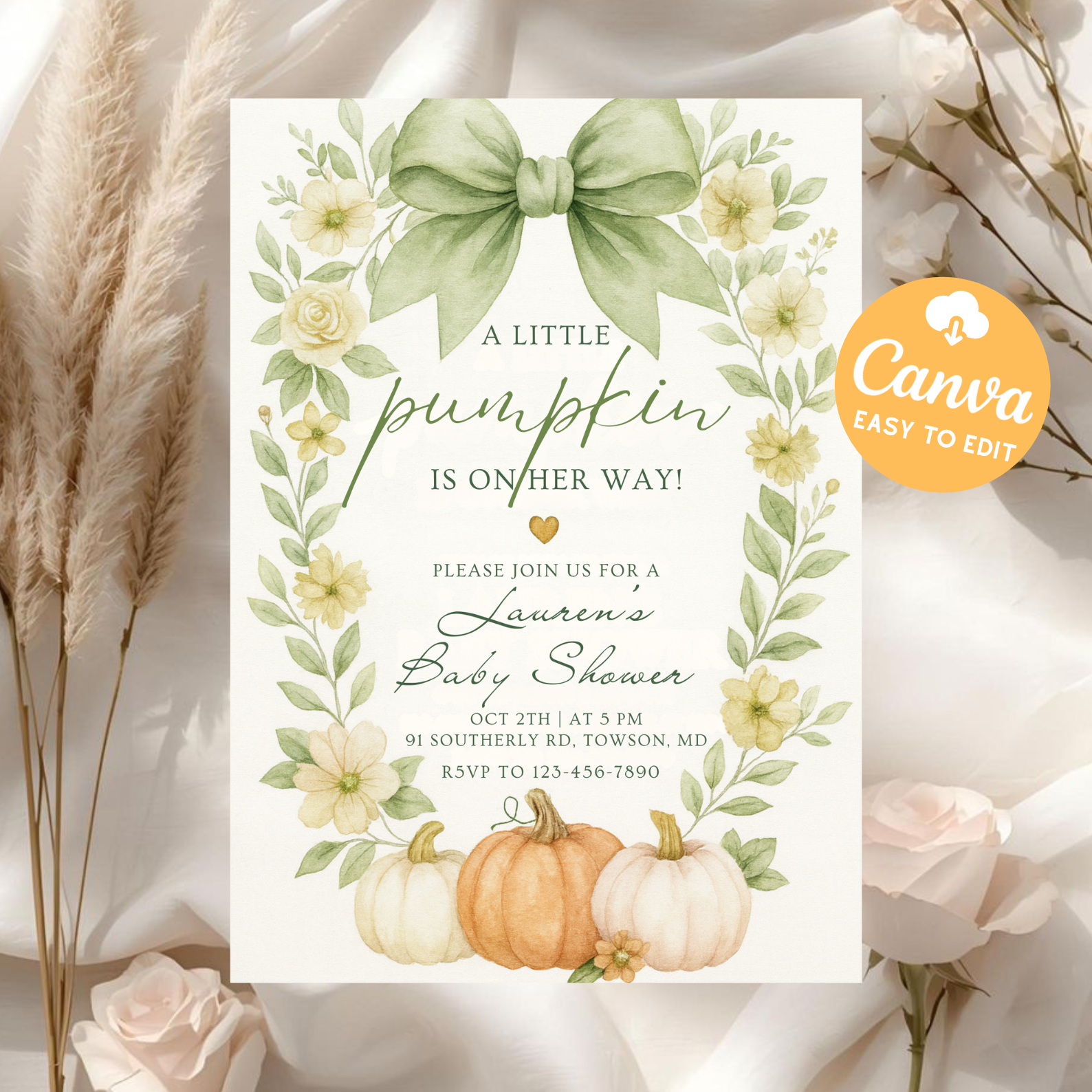 Pink Pumpkin Baby Shower Invitation | Floral Bow Coquette Theme | Girl Baby Shower Invite | Editable Canva Template | Digital Download Printable