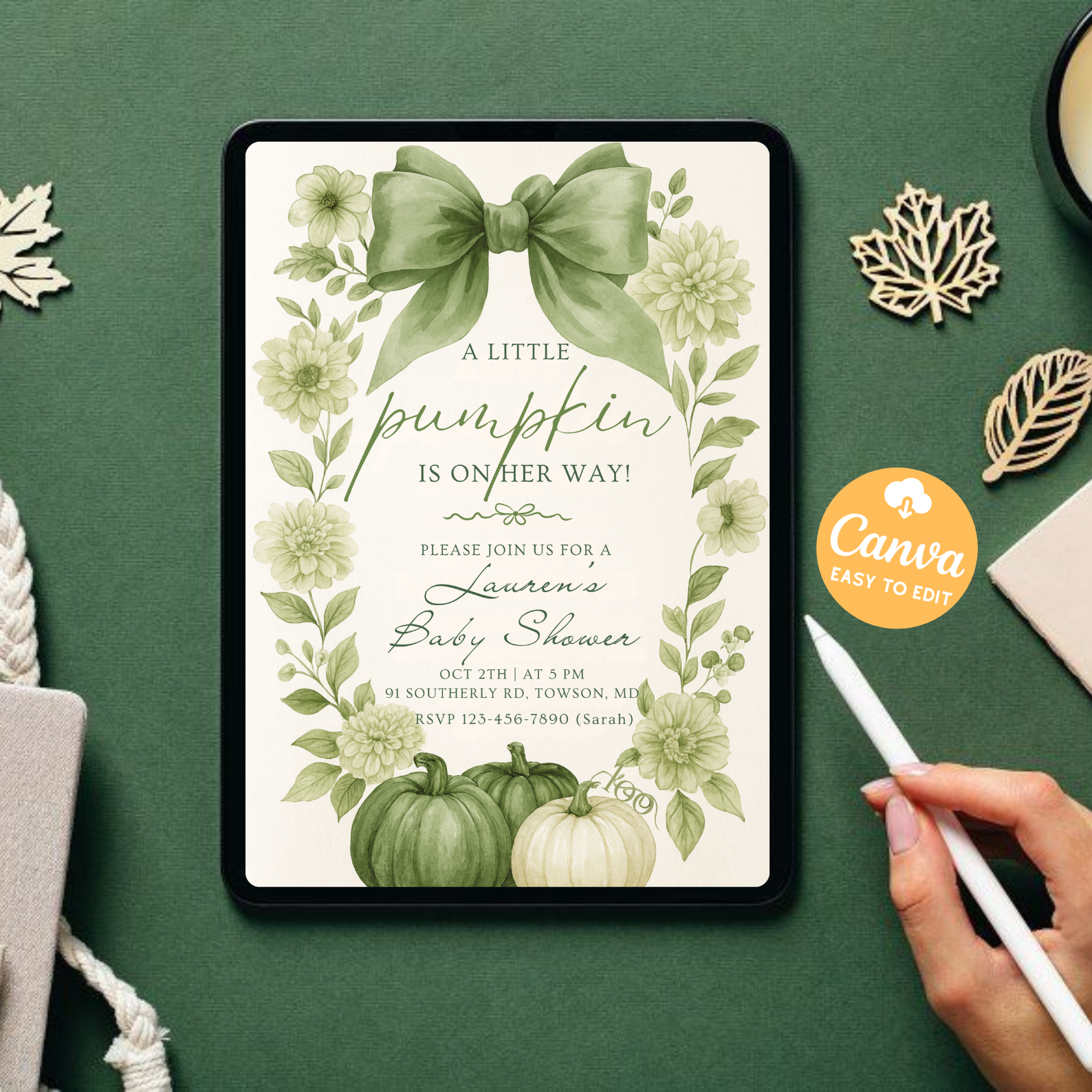 Pink Pumpkin Baby Shower Invitation | Floral Bow Coquette Baby Girl Invite | Editable Canva Template | Fall Baby Shower Digital Download