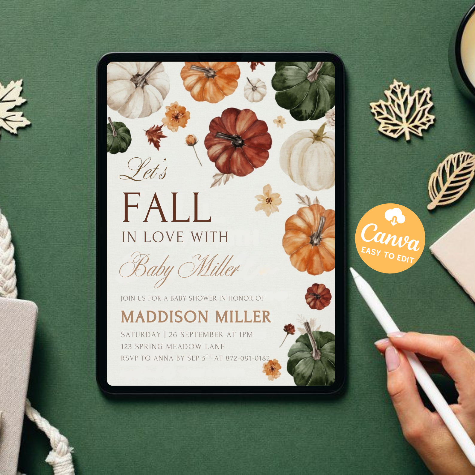 Little Pumpkin Baby Shower Invitation | Fall Baby Shower Invite | Baby Girl Pumpkin Shower Card | Editable Canva Template | Printable Download