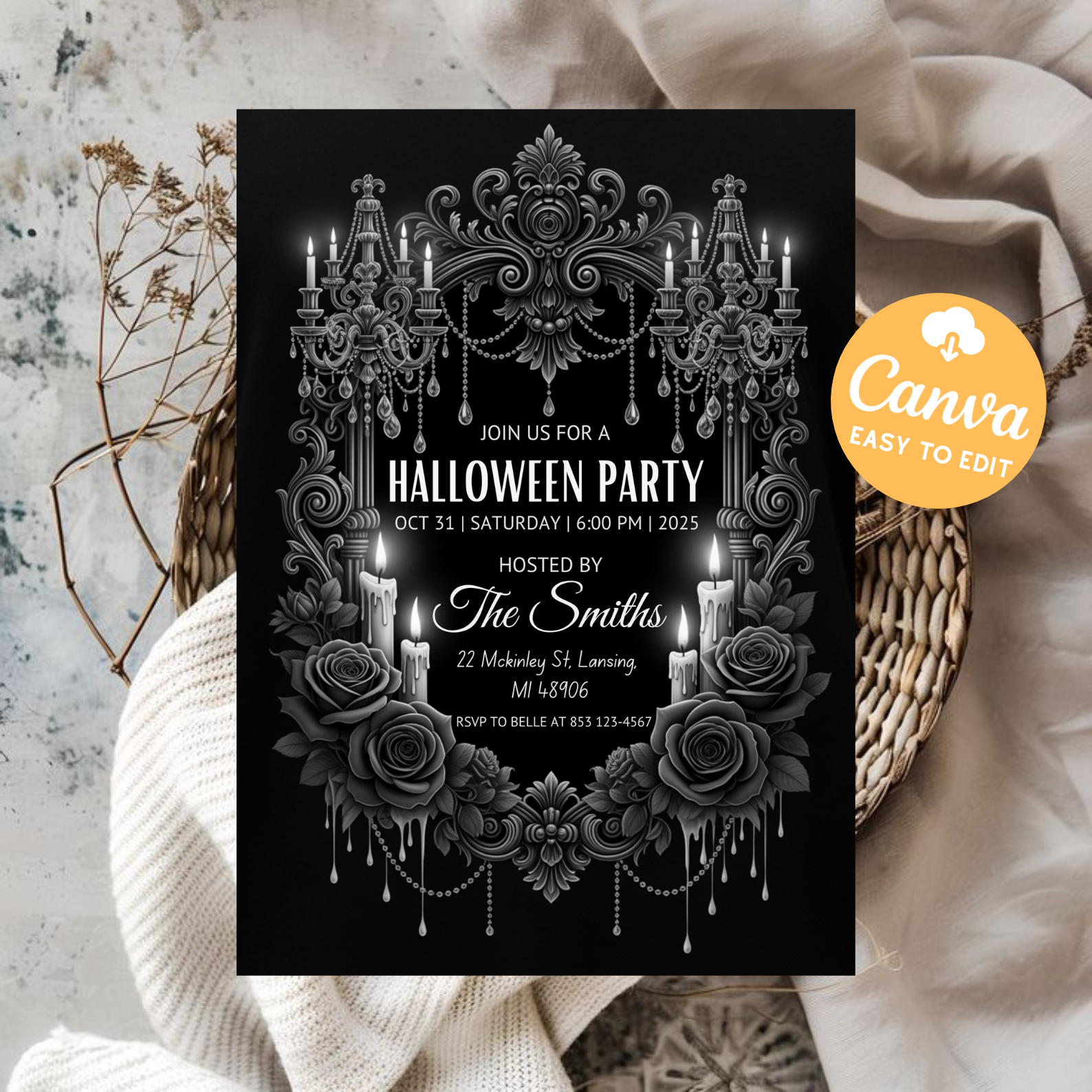 Gothic Skull Halloween Party Invitation | All Black Editable Canva Template | Dark Gothic Birthday Party Invite | Printable Digital Download