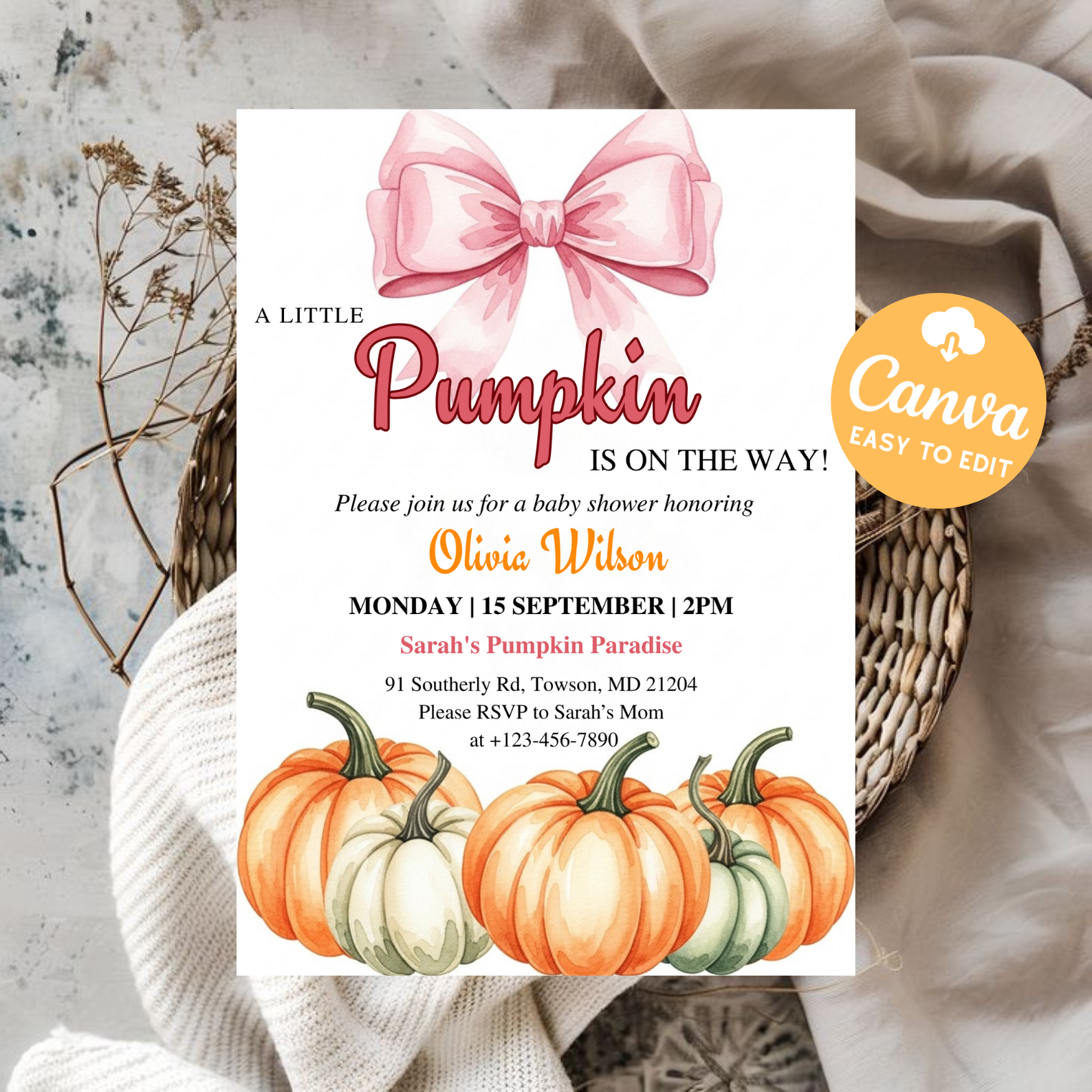 Pumpkin Baby Shower Invitation | Pink Bow Fall Coquette Theme | Baby Girl Shower Invite | Editable Canva Template | Digital Download