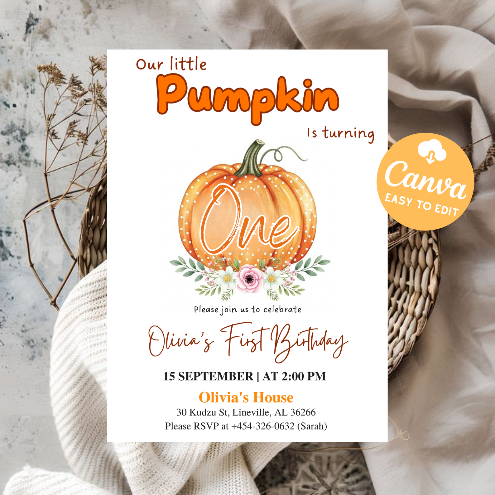 Little Pumpkin Is On The Way Baby Shower Invitation | Pink Bow Girl Fall Theme Invite | Watercolor Autumn Pumpkin Template | Editable Canva Printable